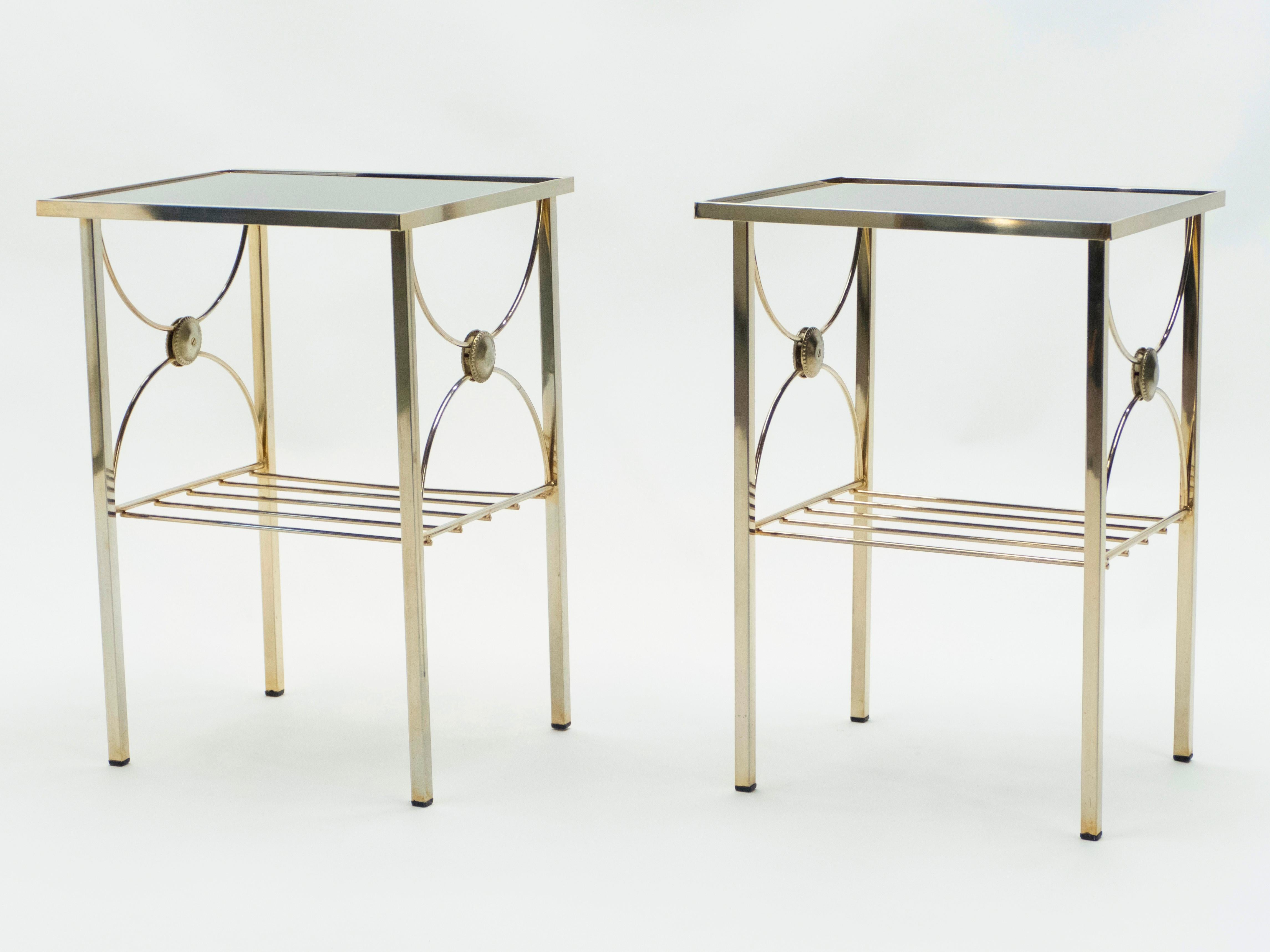 Mid-Century Modern French Gilded Metal and Black Opaline Glass End Tables, 1960s For Sale