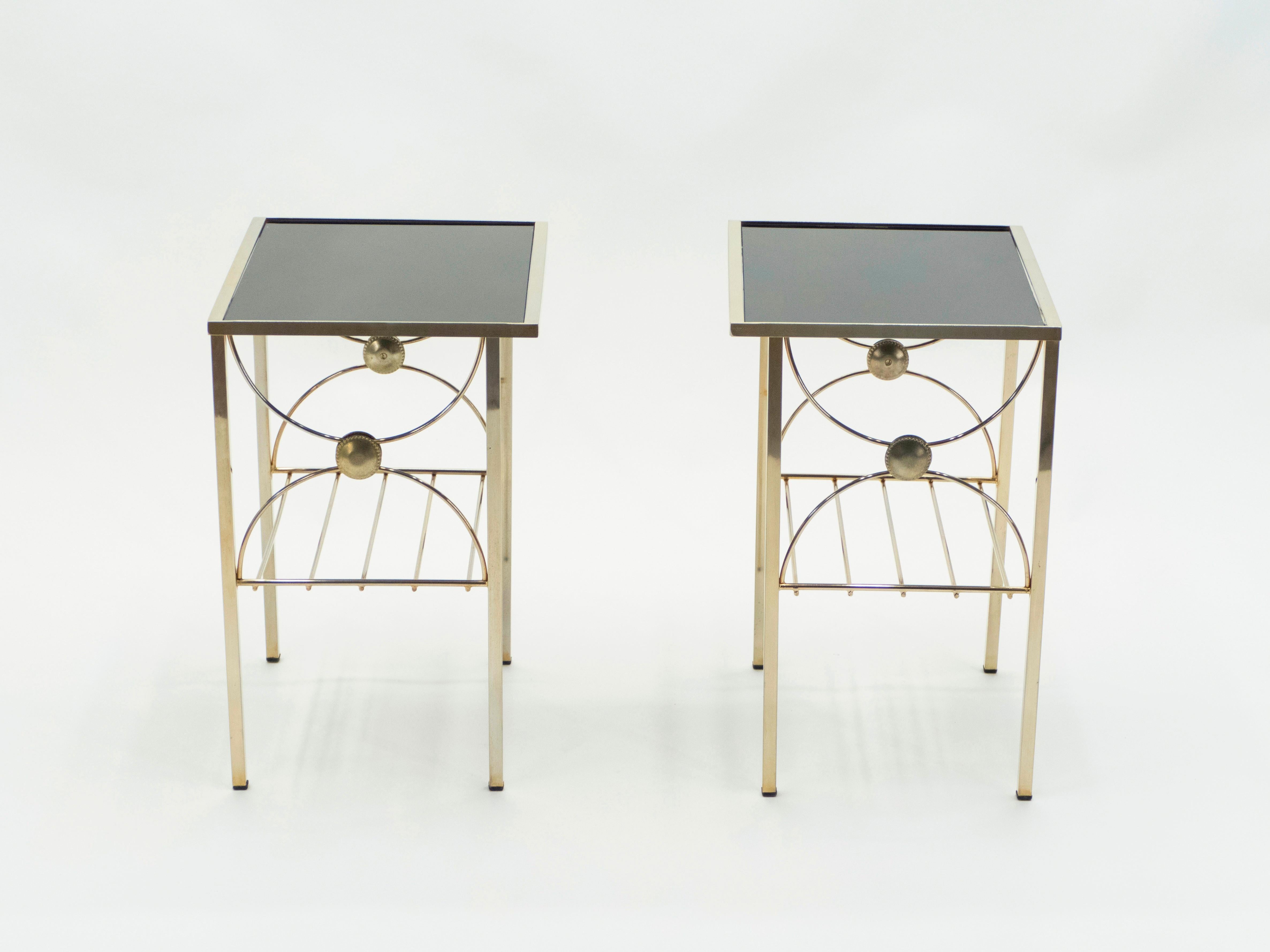 French Gilded Metal and Black Opaline Glass End Tables, 1960s In Good Condition For Sale In Paris, IDF