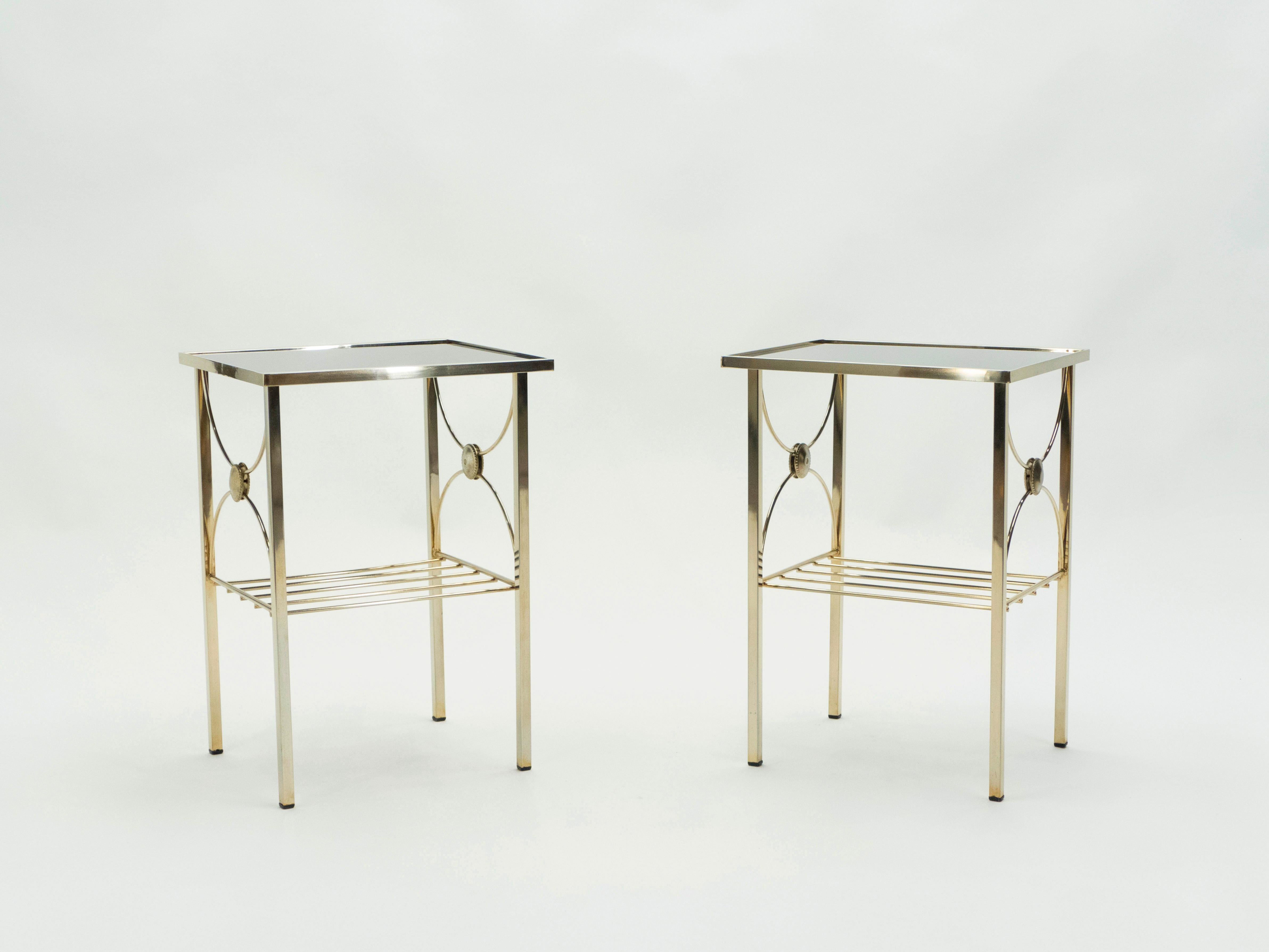 Mid-20th Century French Gilded Metal and Black Opaline Glass End Tables, 1960s For Sale