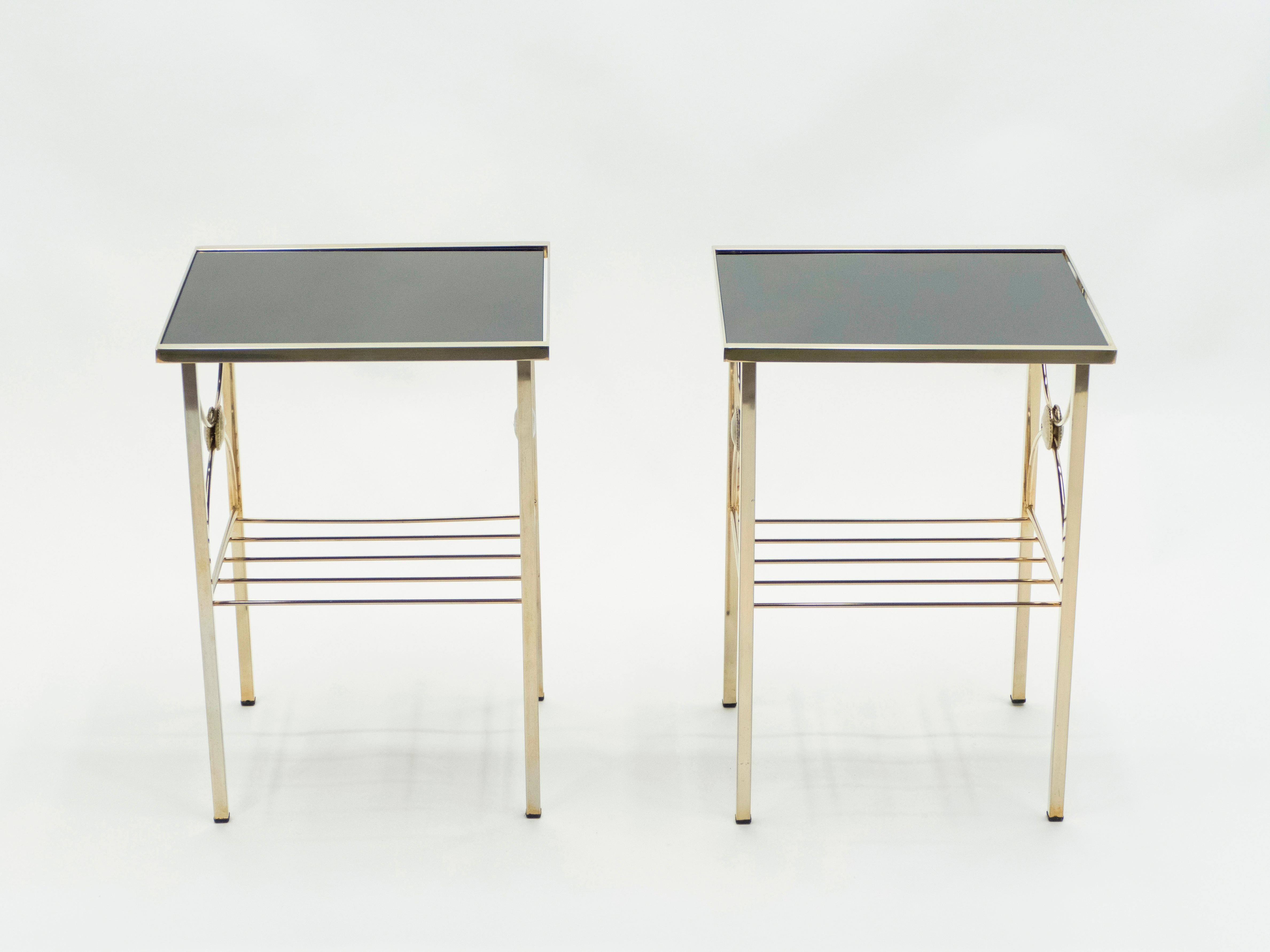 Brass French Gilded Metal and Black Opaline Glass End Tables, 1960s For Sale
