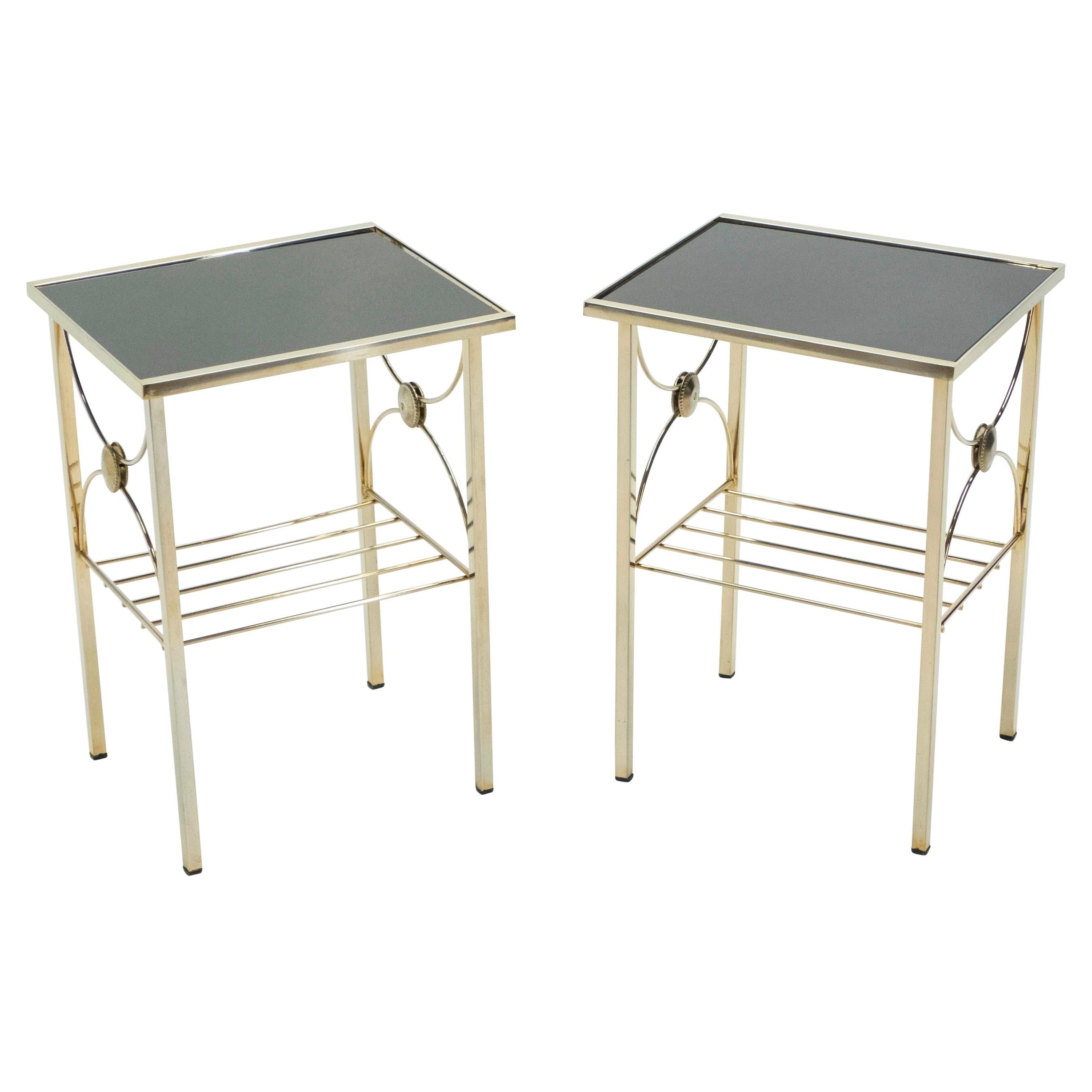 French Gilded Metal and Black Opaline Glass End Tables, 1960s For Sale