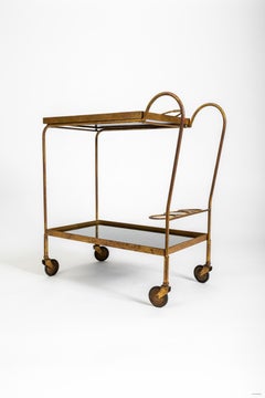 French gilded metal serving trolley, style Jean Royère, Jacques Adnet