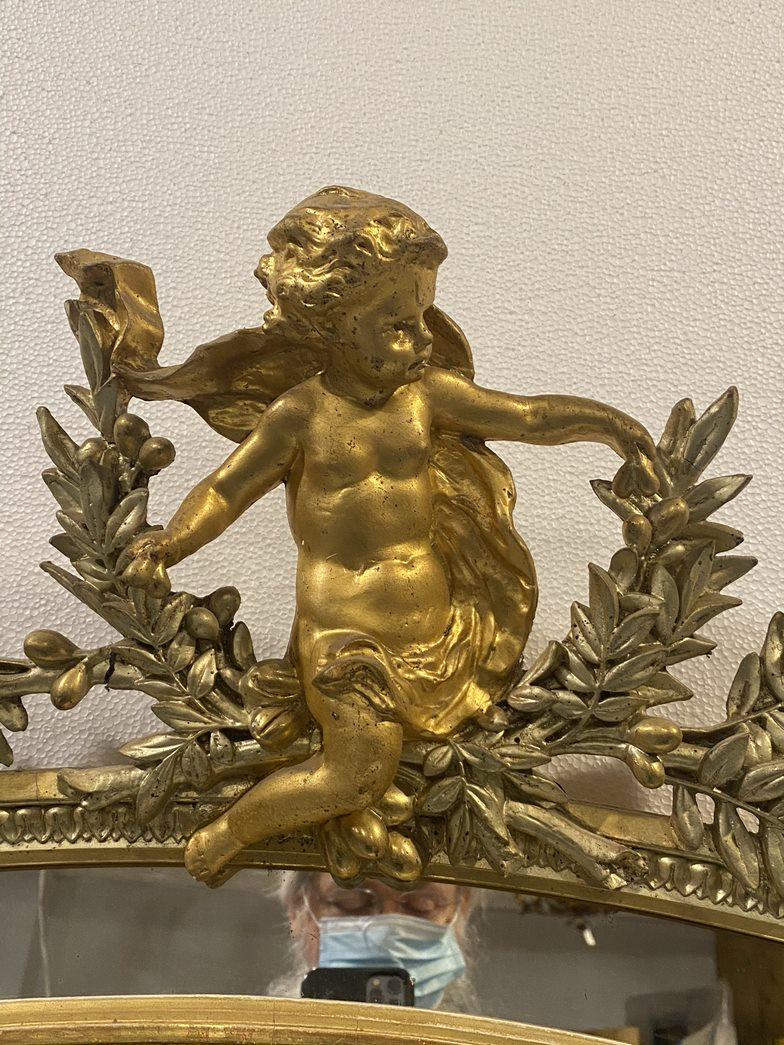 French Gilded Over Mantel Mirror Carved Cherub Floral Wood & Gesso Design  For Sale 1