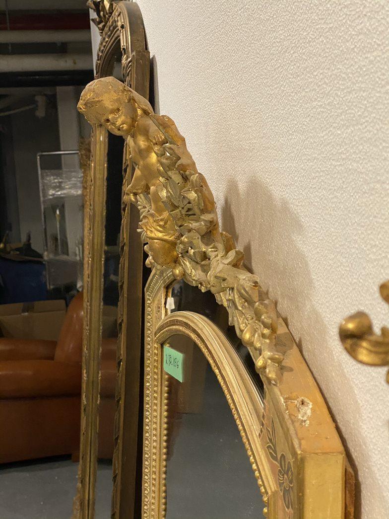 French Gilded Over Mantel Mirror Carved Cherub Floral Wood & Gesso Design  For Sale 10