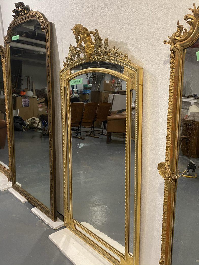 Gilt French Gilded Over Mantel Mirror Carved Cherub Floral Wood & Gesso Design  For Sale