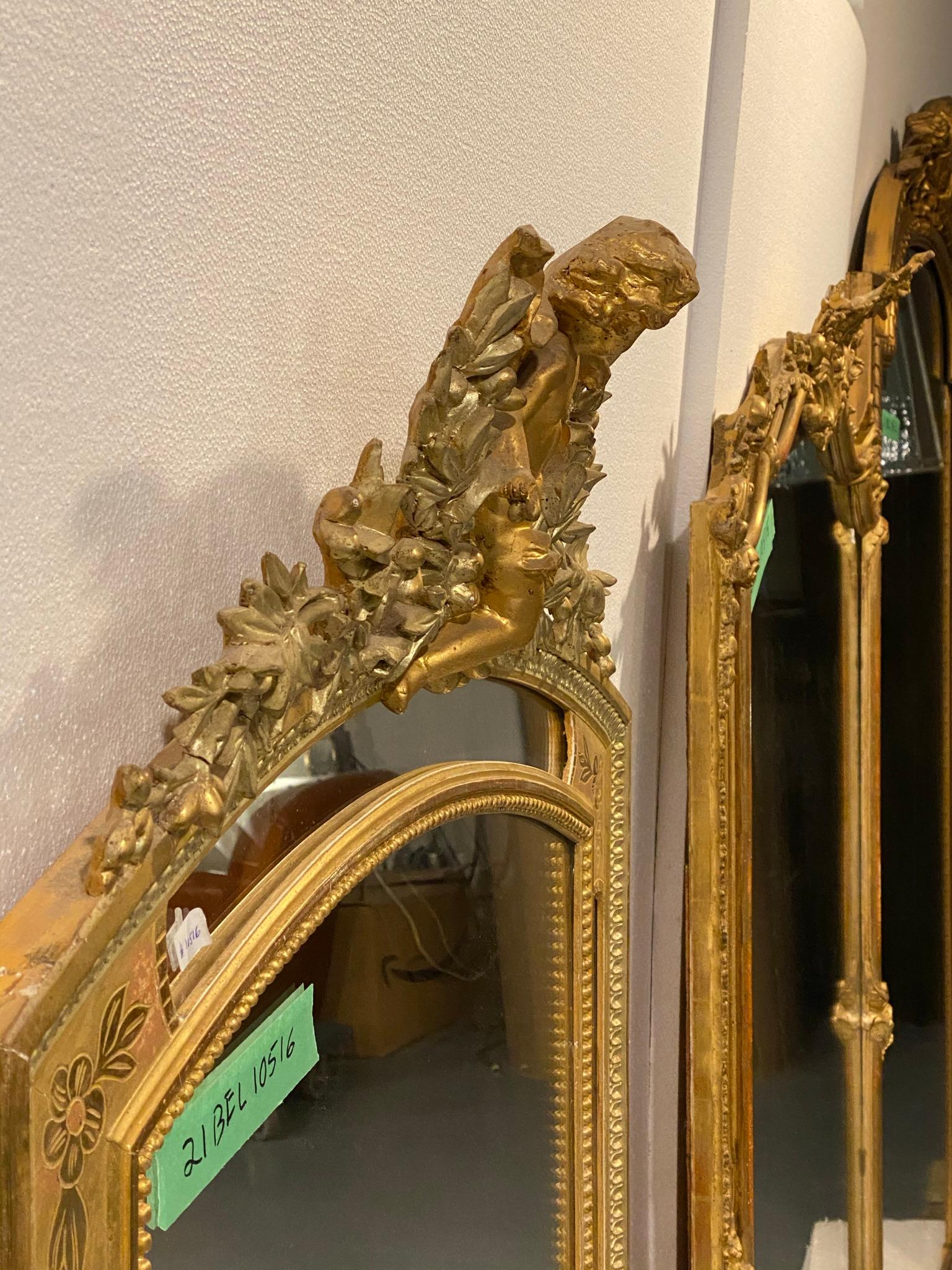 French Gilded Over Mantel Mirror Carved Cherub Floral Wood & Gesso Design  For Sale 9
