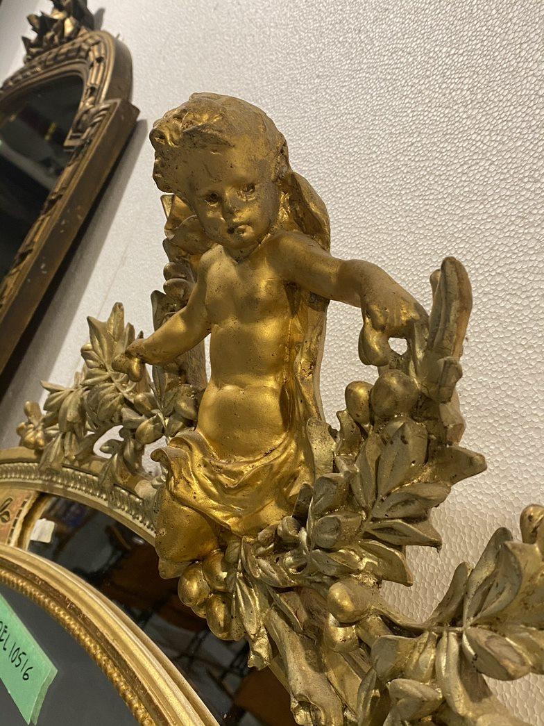 French Gilded Over Mantel Mirror Carved Cherub Floral Wood & Gesso Design  For Sale 5