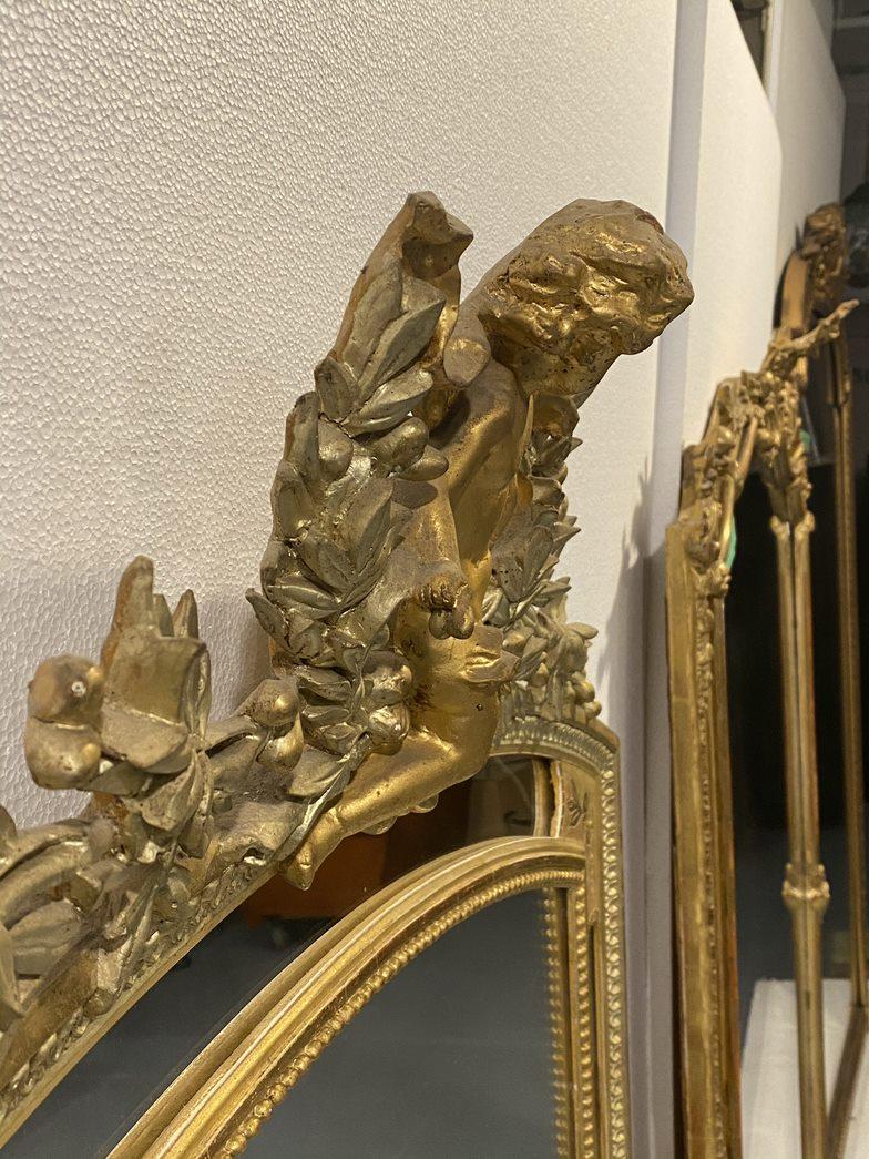 French Gilded Over Mantel Mirror Carved Cherub Floral Wood & Gesso Design  For Sale 2