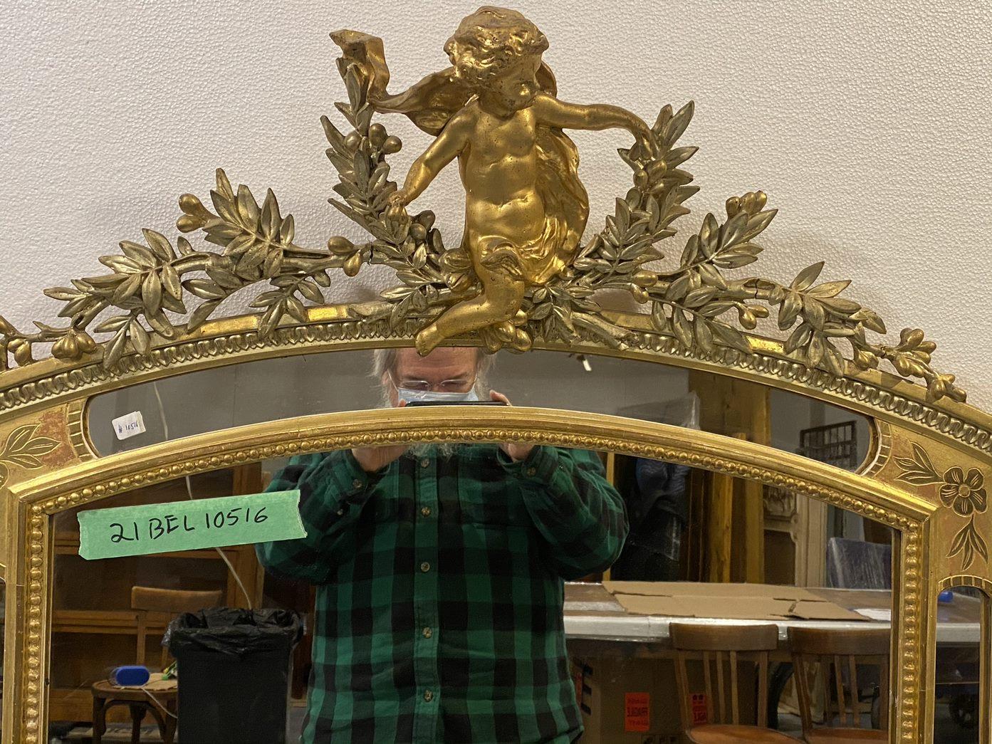 20th Century French Gilded Over Mantel Mirror Carved Cherub Floral Wood & Gesso Design  For Sale