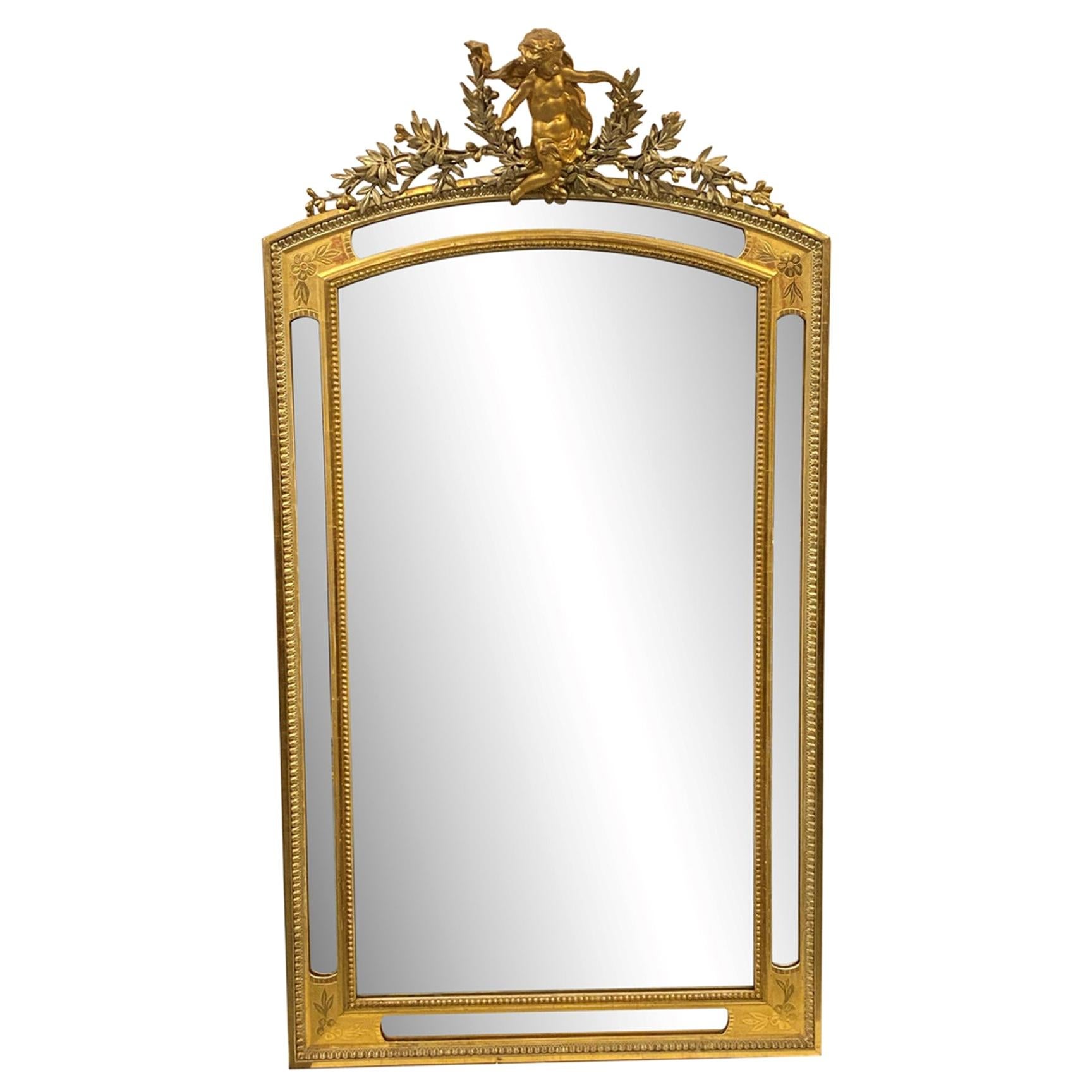 French Gilded Over Mantel Mirror Carved Cherub Floral Wood & Gesso Design 