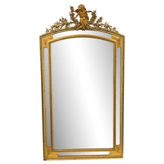French Gilded Over Mantel Mirror Carved Cherub, Floral Design from Wood & Gesso