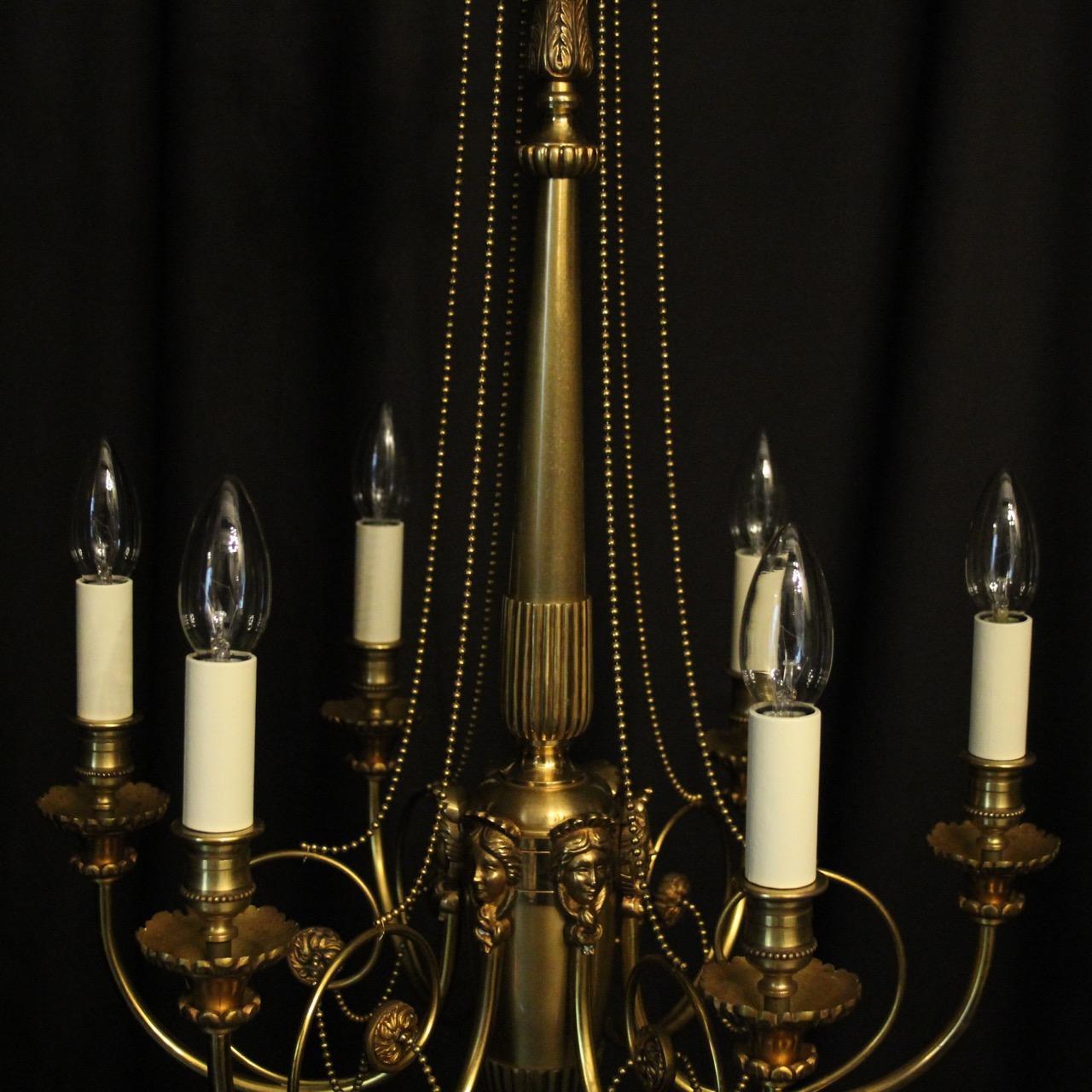 Brass French Gilded Pair of 6-Light Antique Chandeliers For Sale