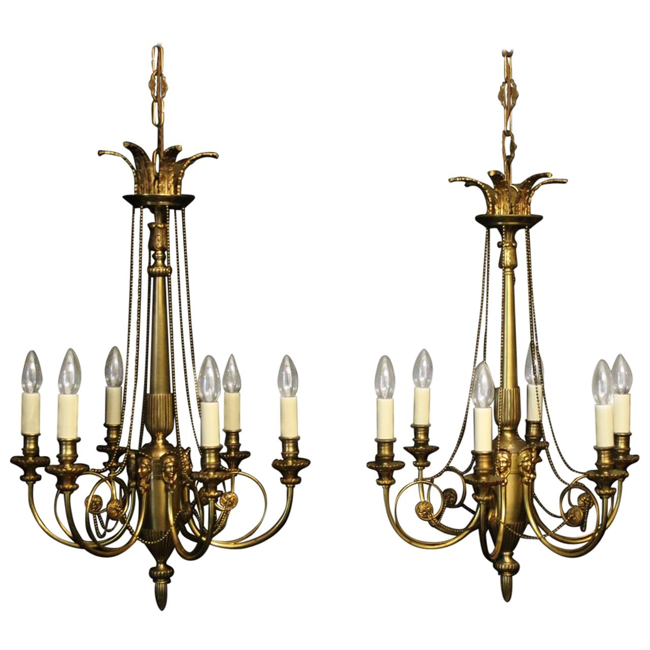 French Gilded Pair of 6-Light Antique Chandeliers For Sale