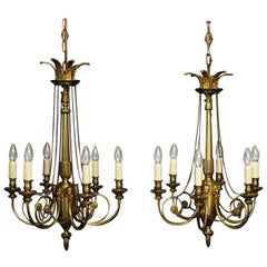 French Gilded Pair of 6-Light Antique Chandeliers