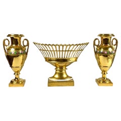 French Gilded Paris Porcelain Basket with Pair of Gilded Paris Porcelain Vases