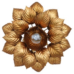 French Gilded Rose Leaf Flush Mount Ceiling Light or Wall Sconce, circa 1960