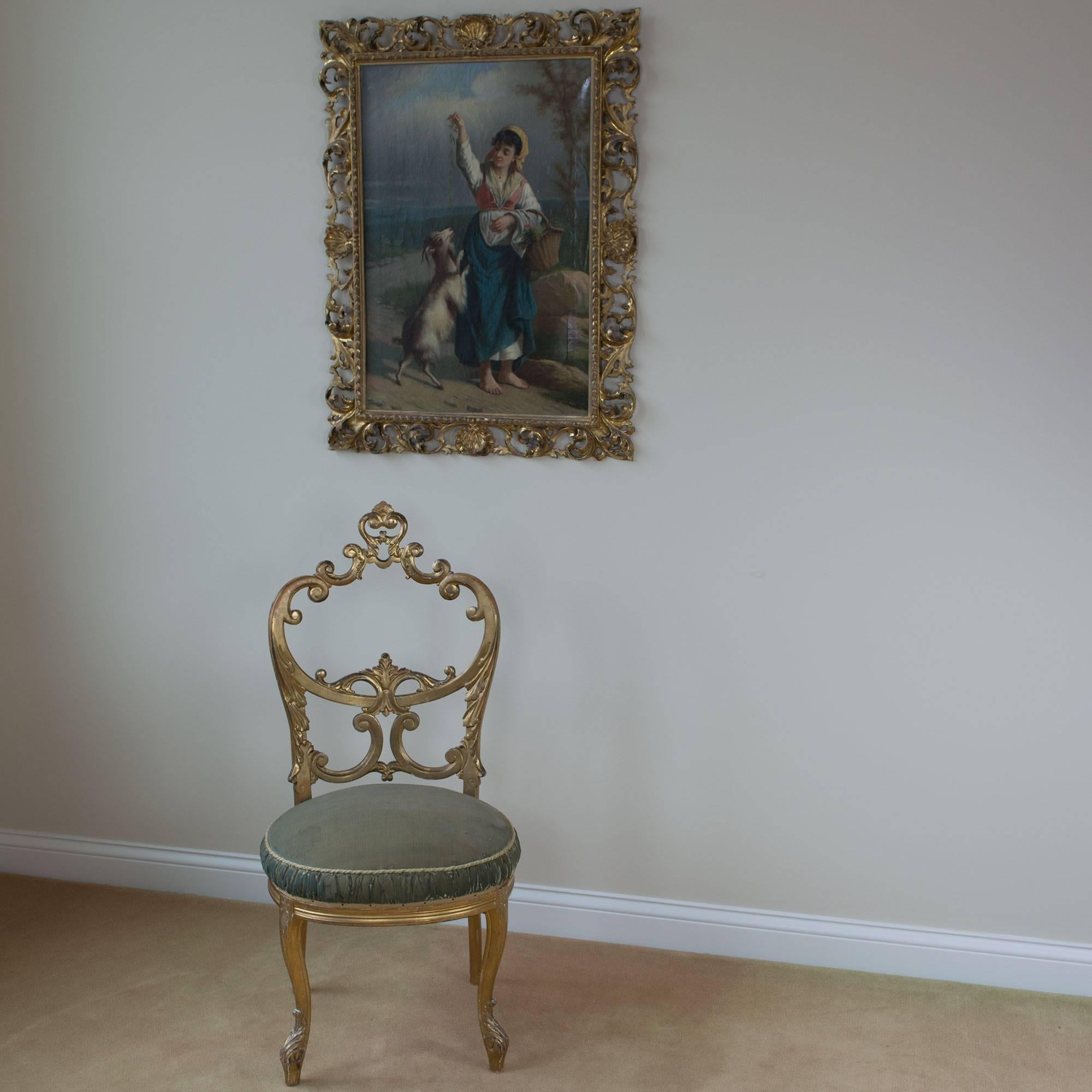French Gilded Salon Chair with Open Carved Back Round Velvet Seat 1