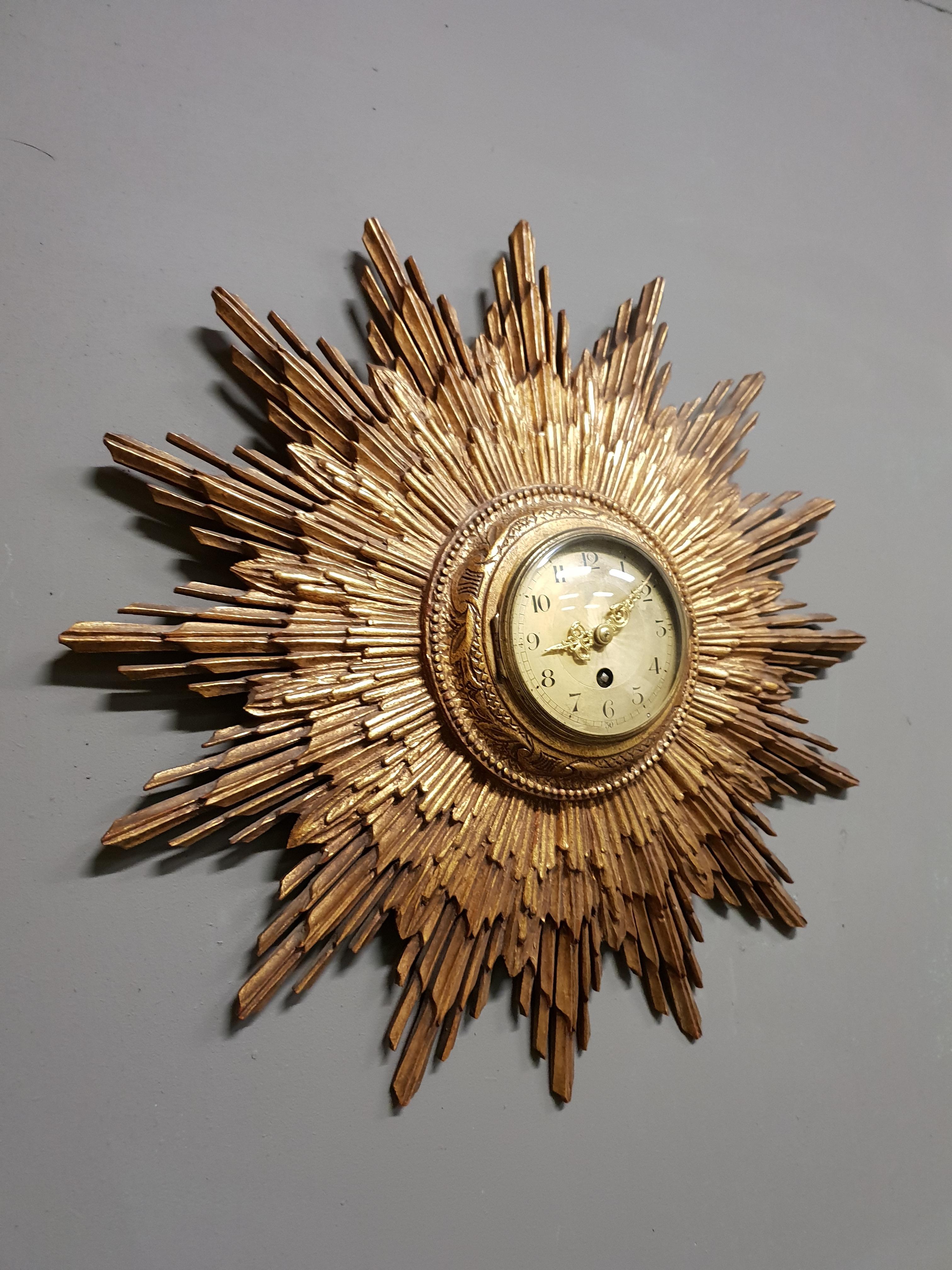 Art Deco French Gilded Sunburst Signed Japy Frères Clock, circa 1920 For Sale