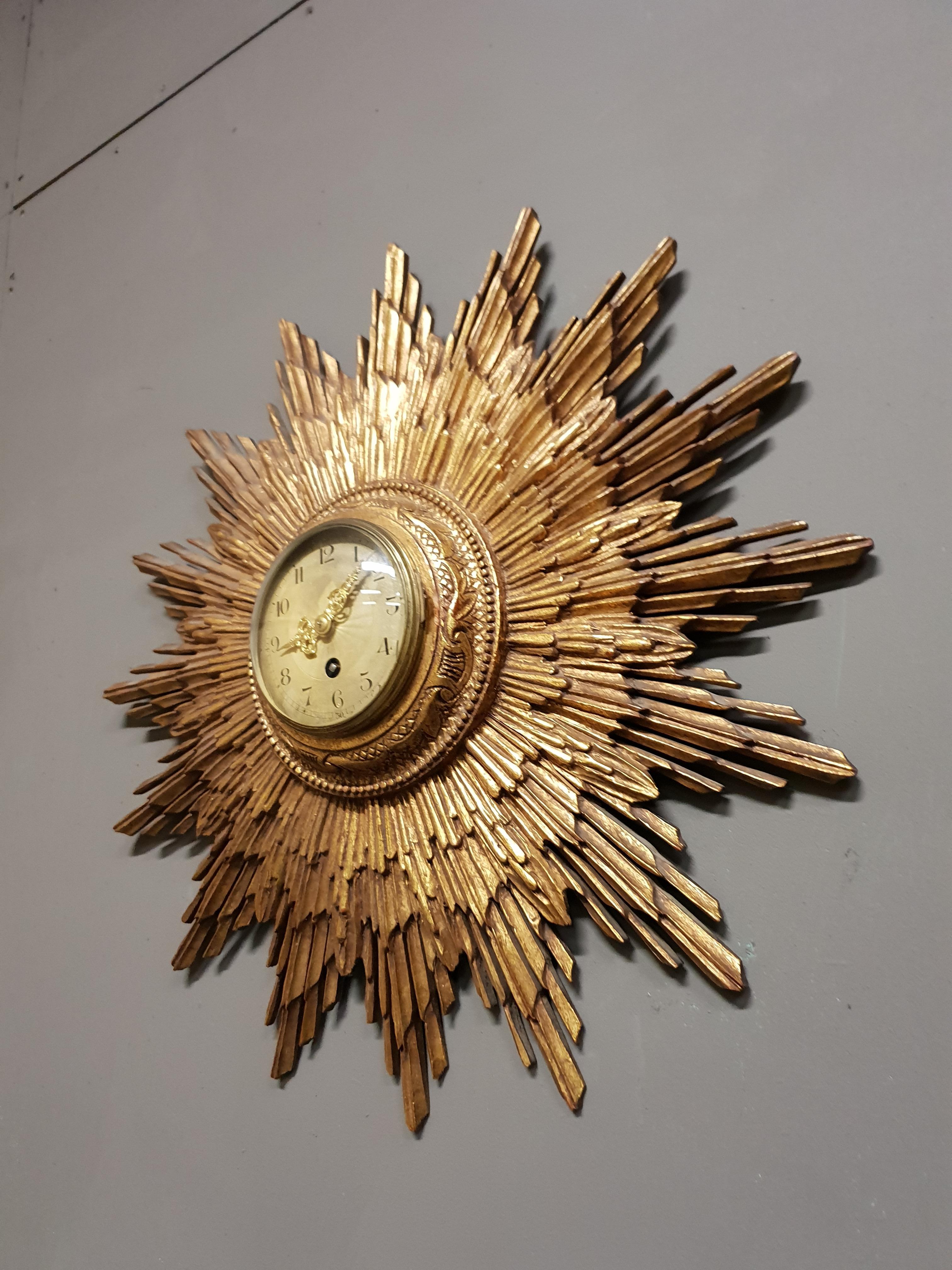 Brass French Gilded Sunburst Signed Japy Frères Clock, circa 1920 For Sale