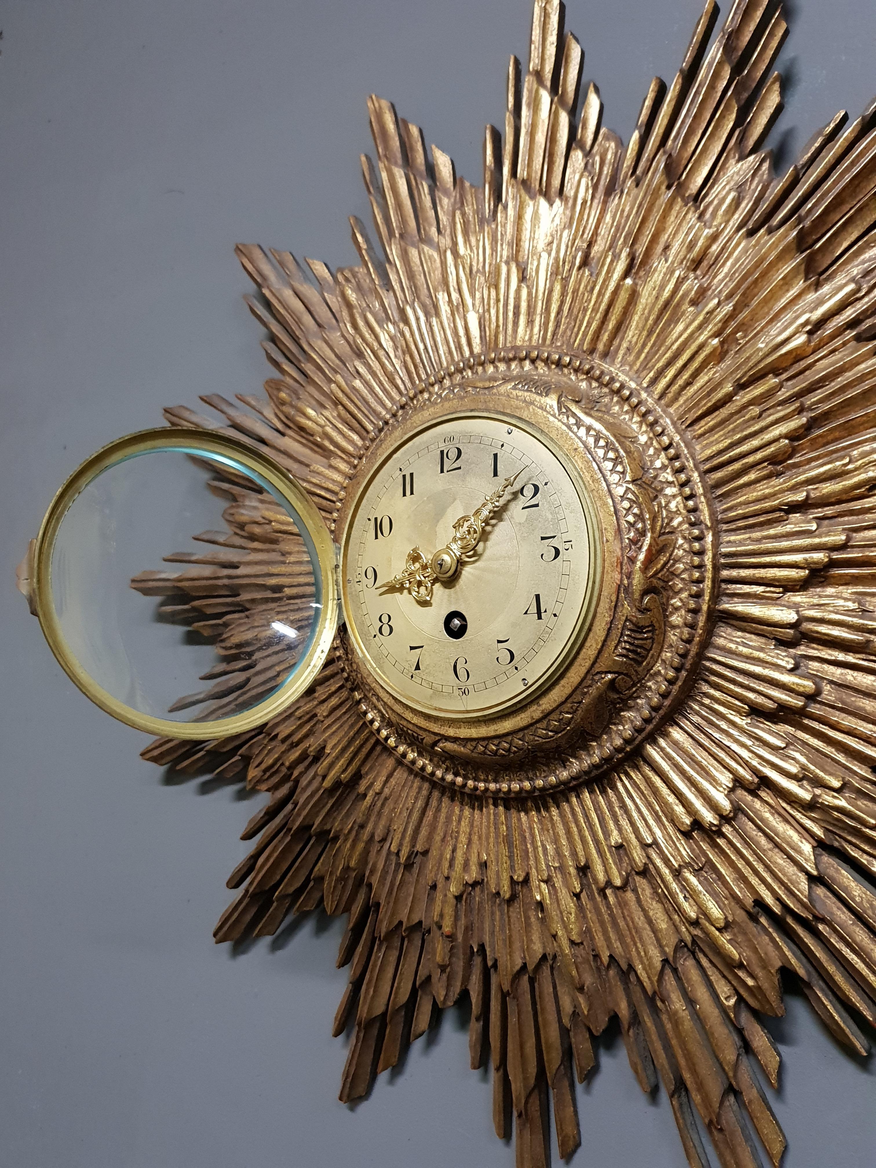 Brass French Gilded Sunburst Signed Japy Frères Clock, circa 1920 For Sale