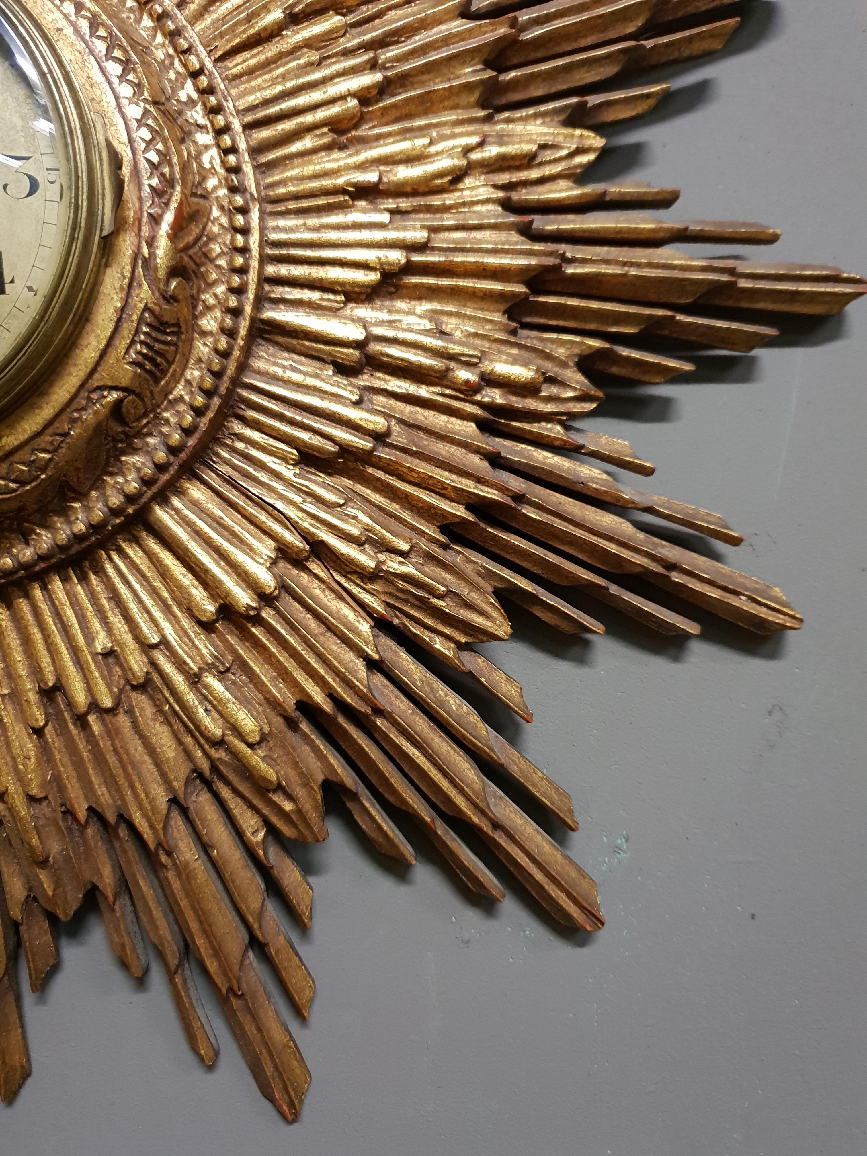 French Gilded Sunburst Signed Japy Frères Clock, circa 1920 For Sale 1
