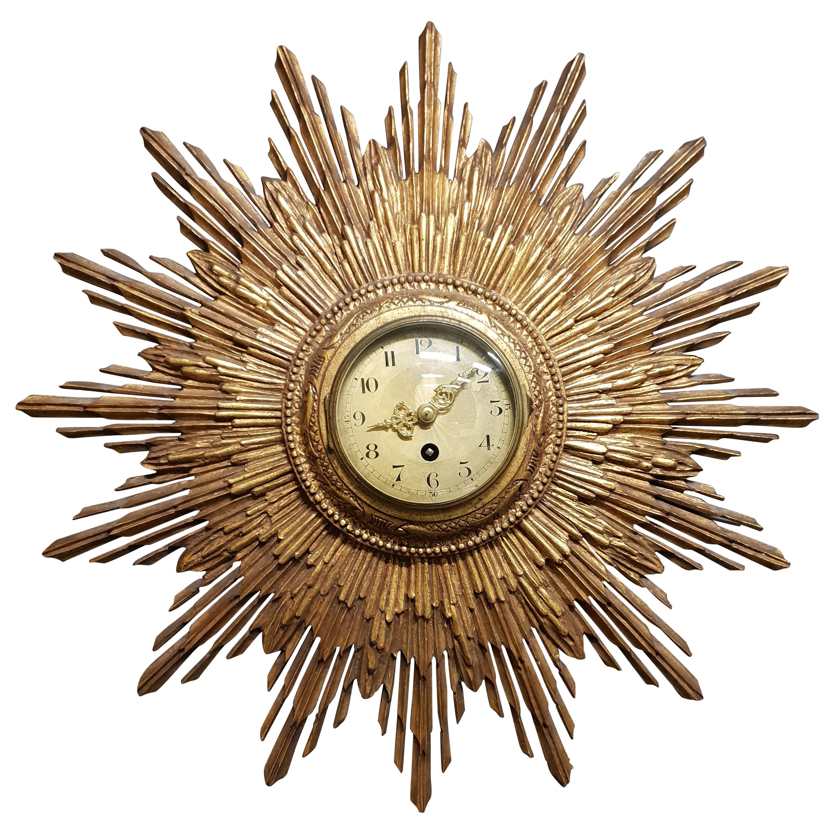 French Gilded Sunburst Signed Japy Frères Clock, circa 1920 For Sale