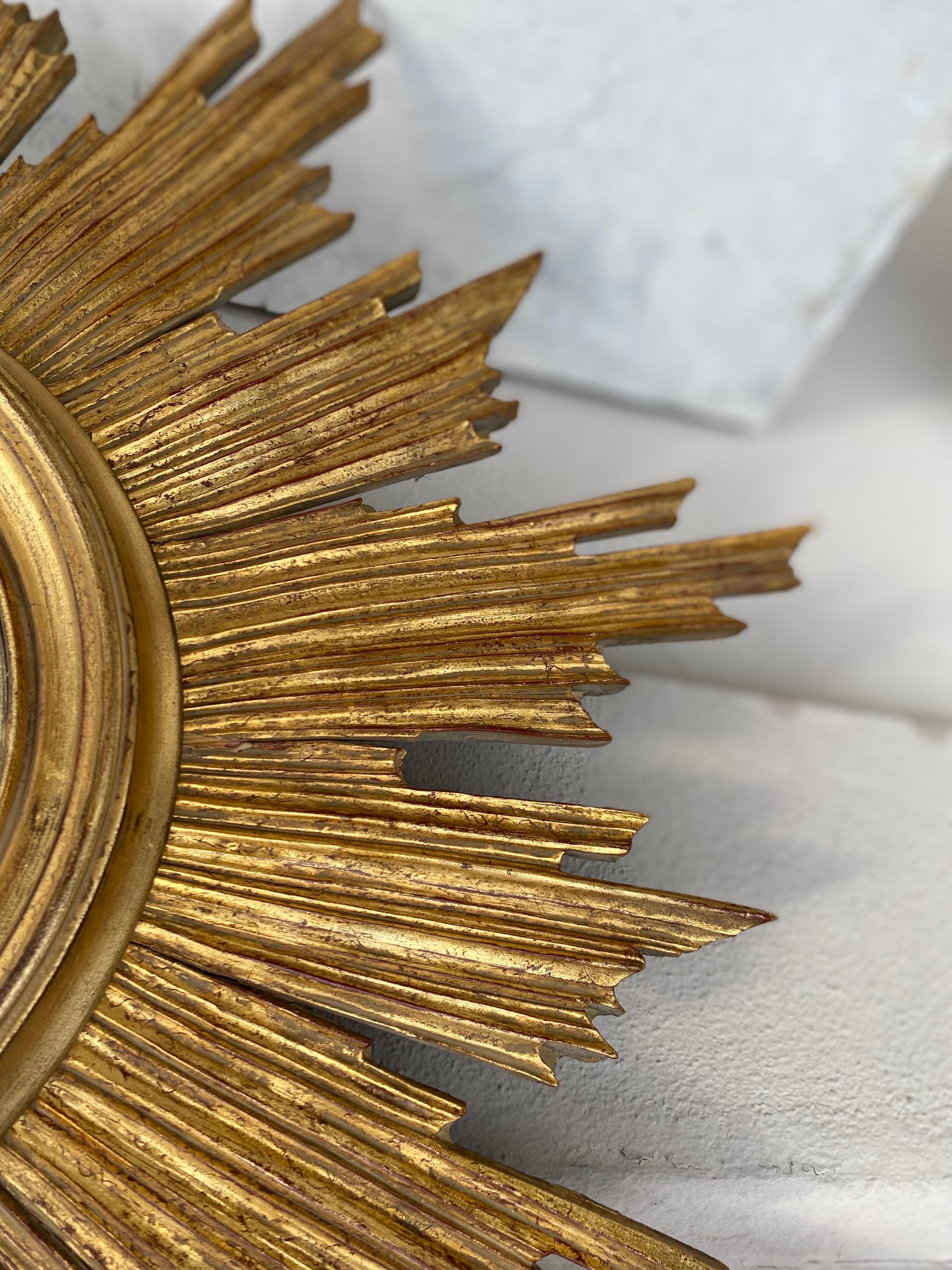 Mid-Century Modern French Gilded Wood Convex Sunburst Mirror For Sale