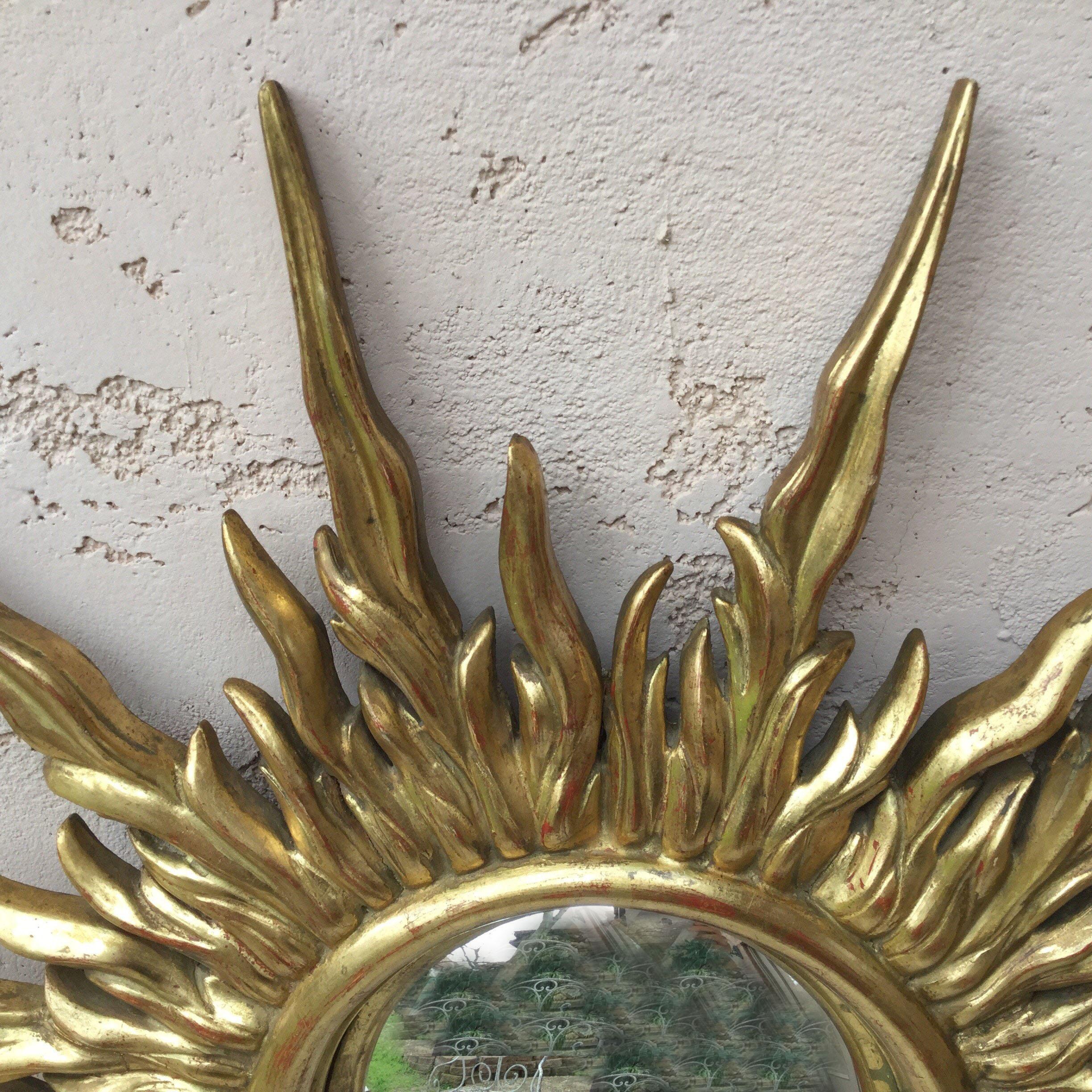 Mid-20th Century French Gilded Wood Convex Sunburst Mirror