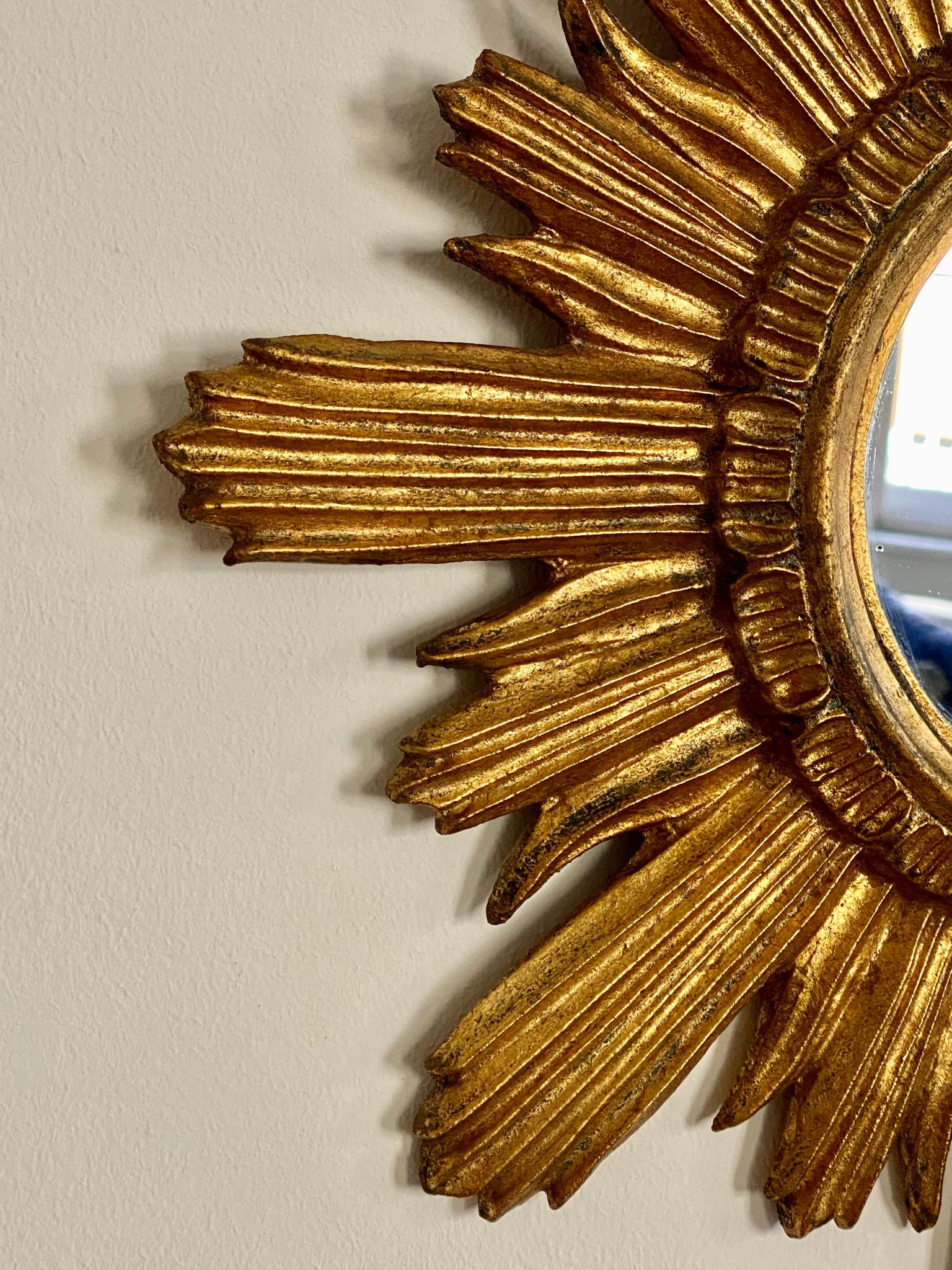 Mid-Century Modern French Gilded Wood Starburst Sunburst Mirror