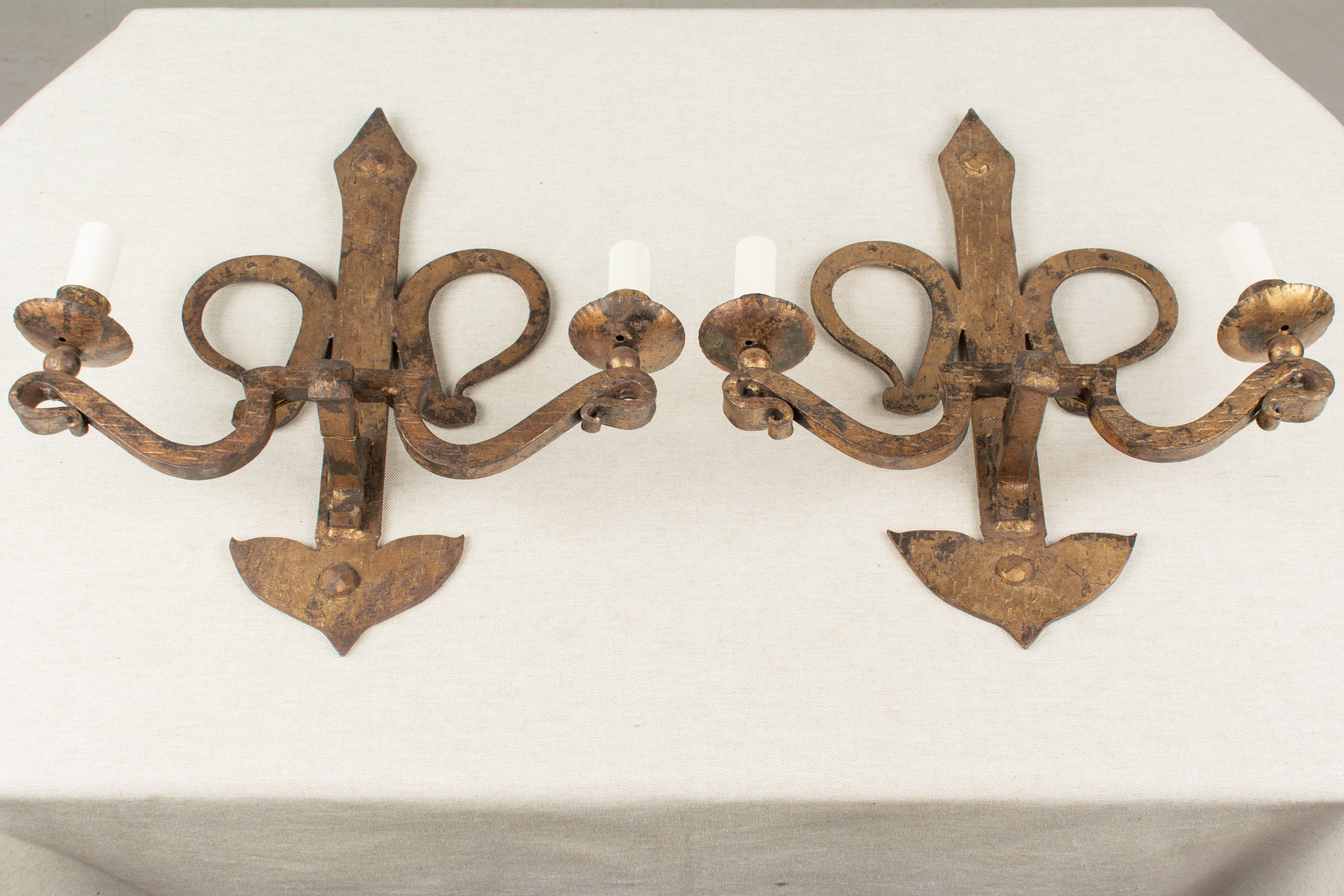 Art Deco French Gilded Wrought Iron Sconce Pair