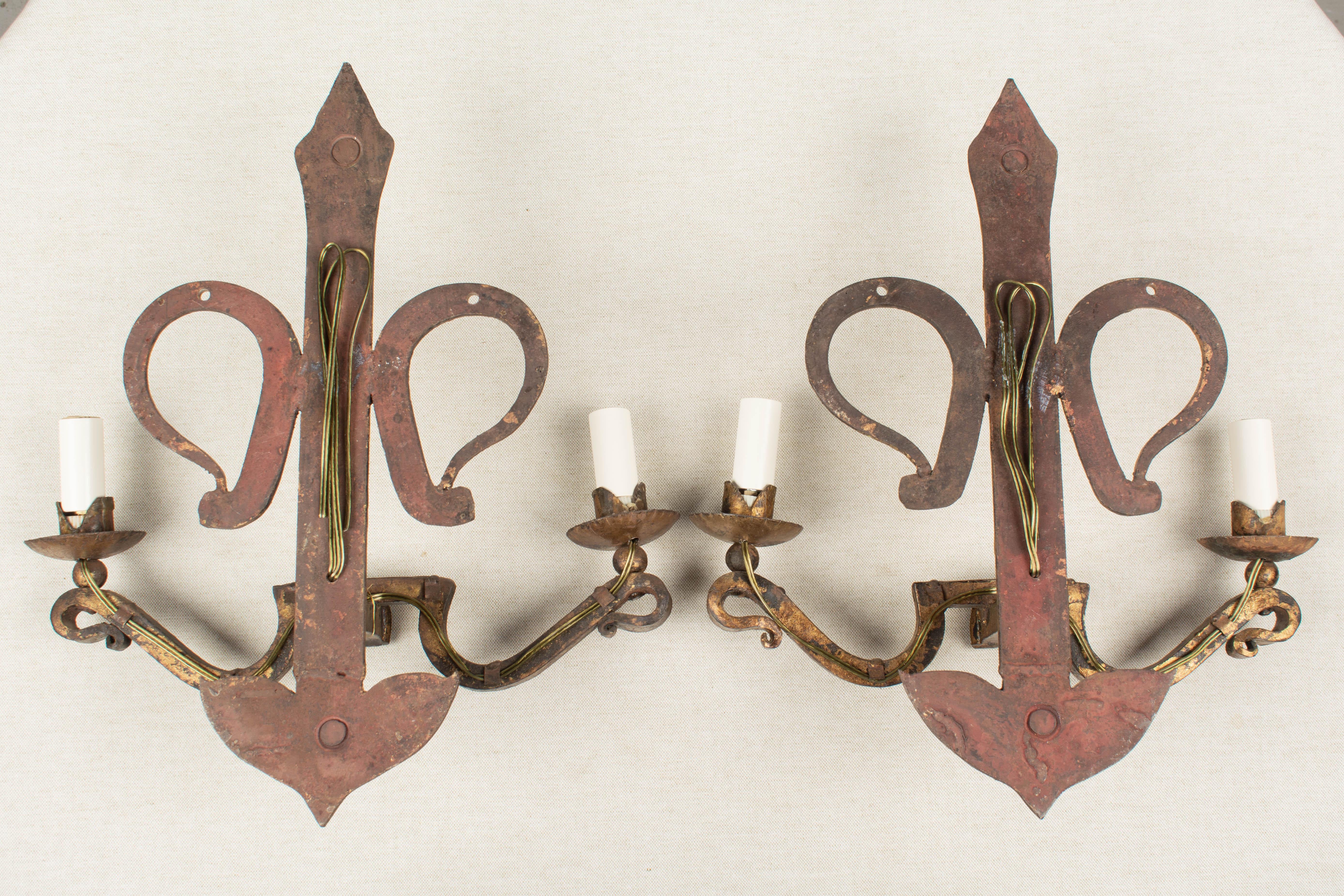 Gilt French Gilded Wrought Iron Sconce Pair