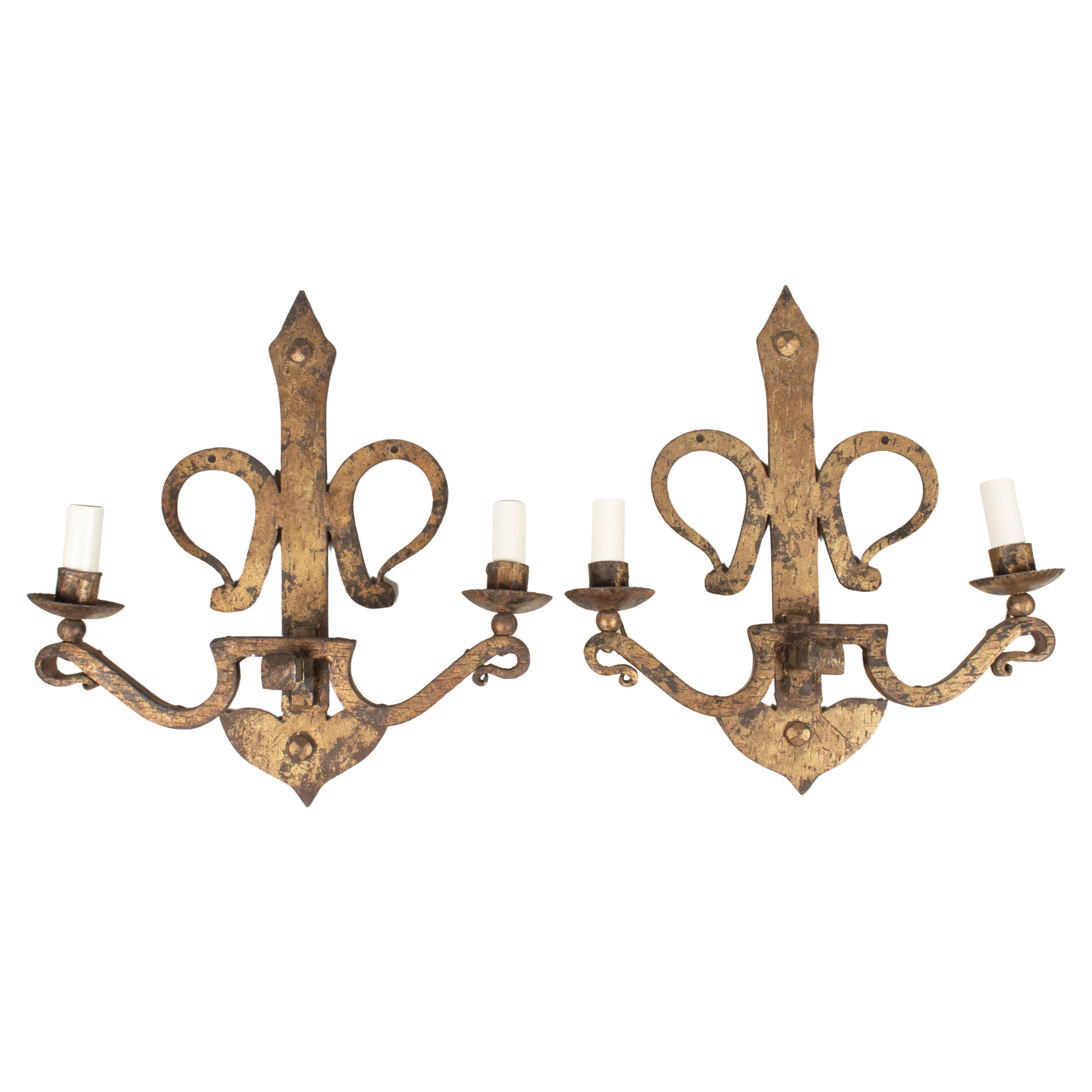 French Gilded Wrought Iron Sconce Pair
