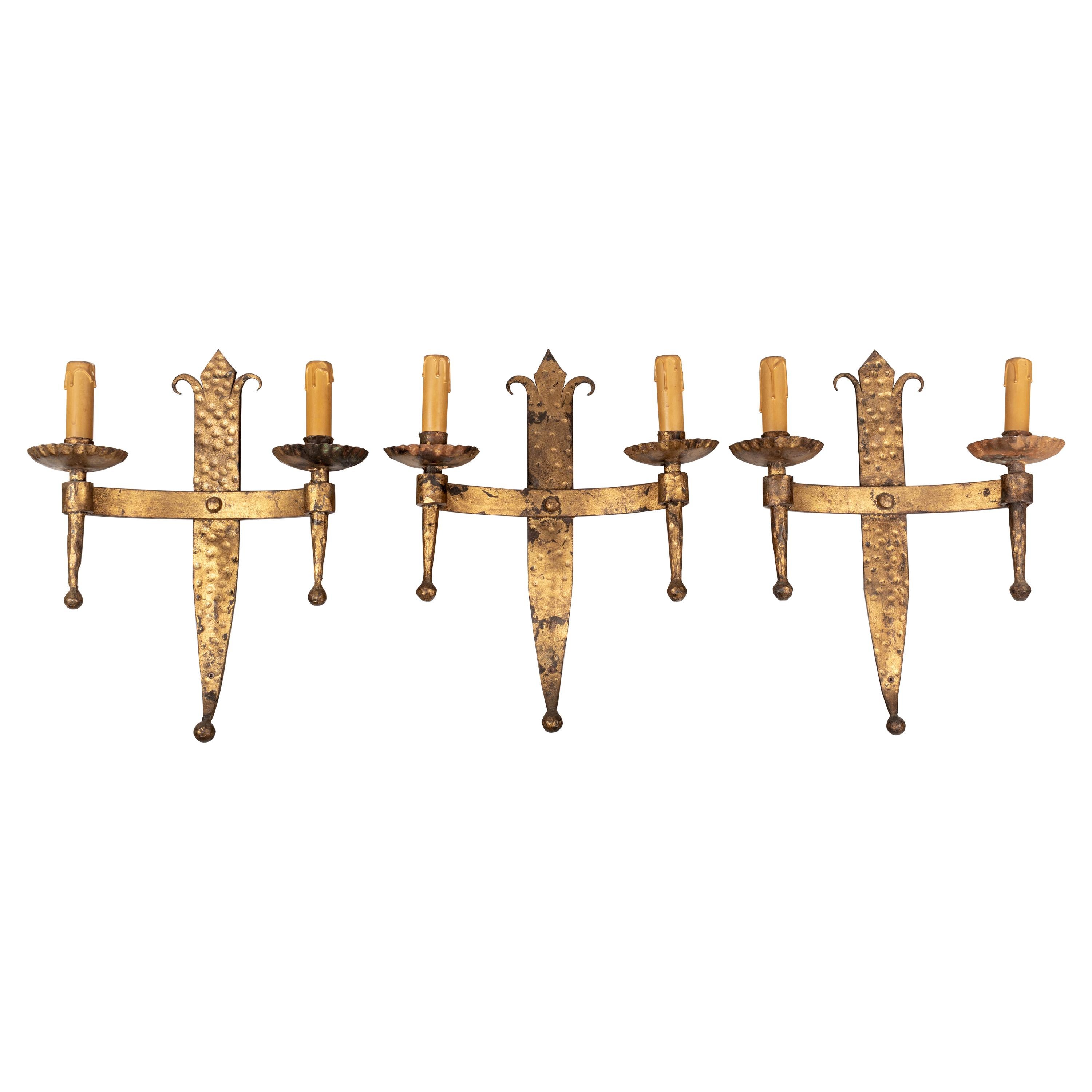 French Gilded Wrought Iron Sconces, Set of 3