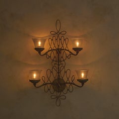 French Gilt 2-Tier Iron Sconce with Frosted Glass Shades, 1940s