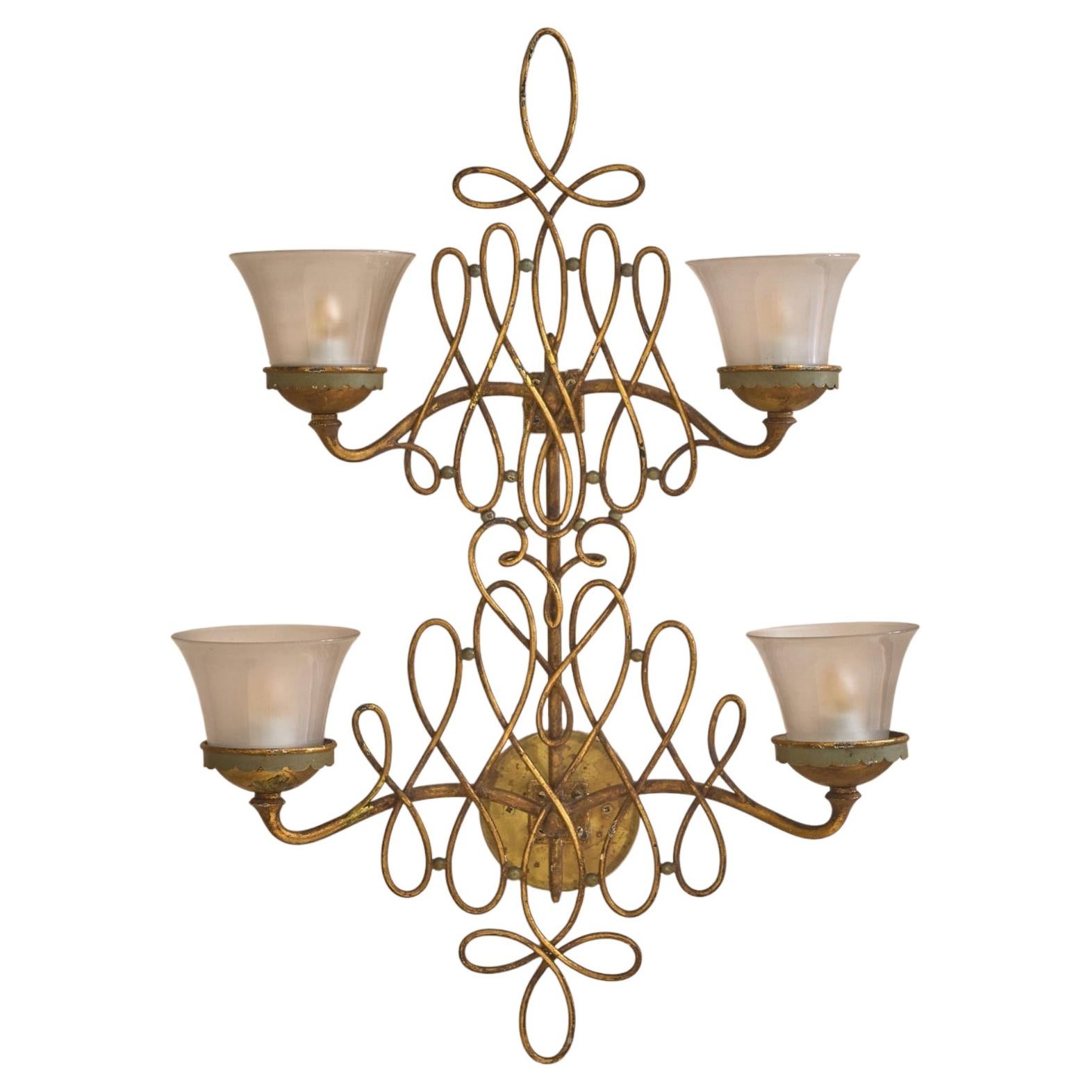 French Gilt 2-Tier Iron Sconce with Frosted Glass Shades, 1940s