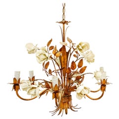 French Gilt and Enamel Painted Tôle Chandelier with Large Cream Roses