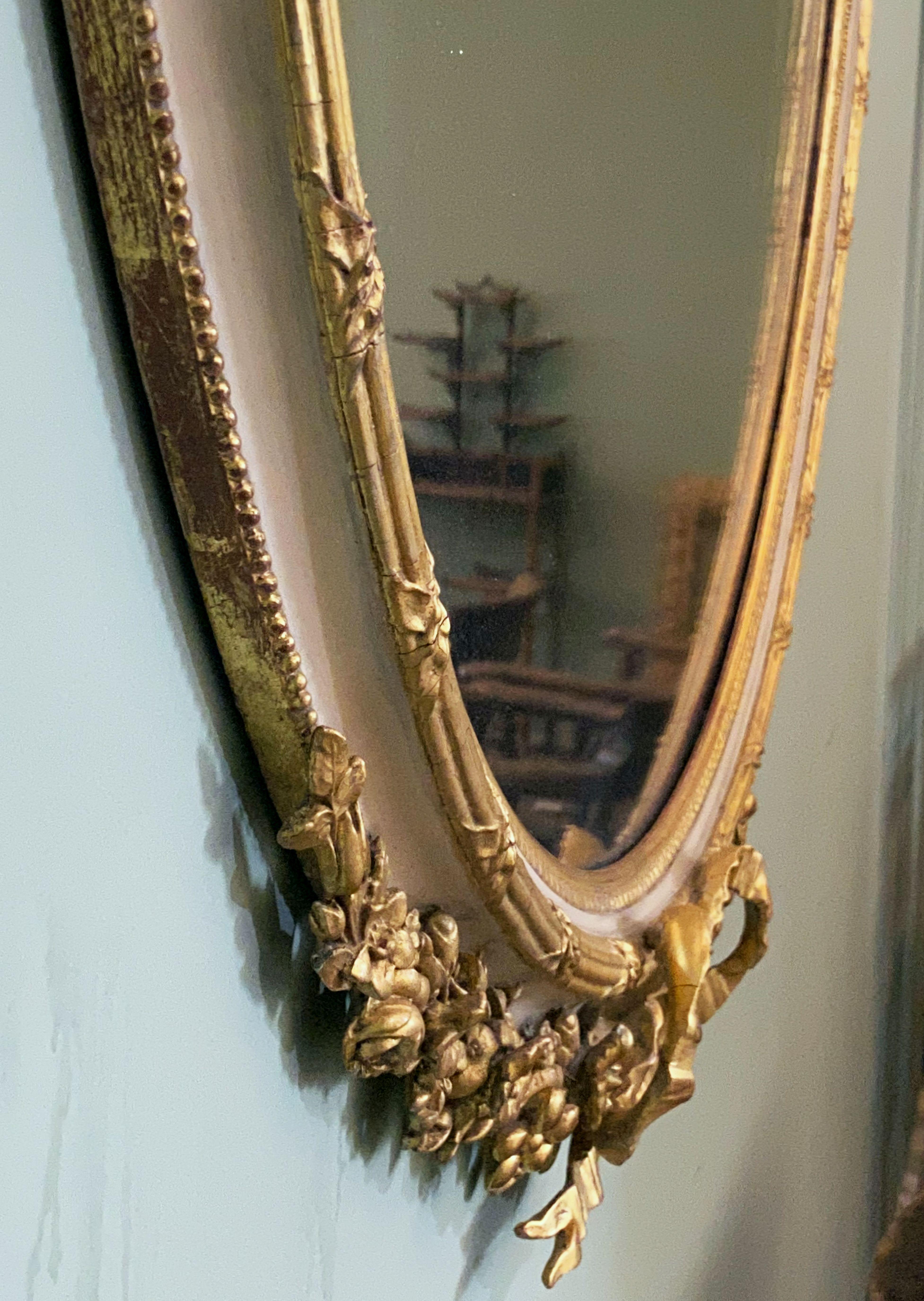 French Gilt and Parcel Cream Oval Wall Mirror with Ribbon Tied Crest and Frieze  10