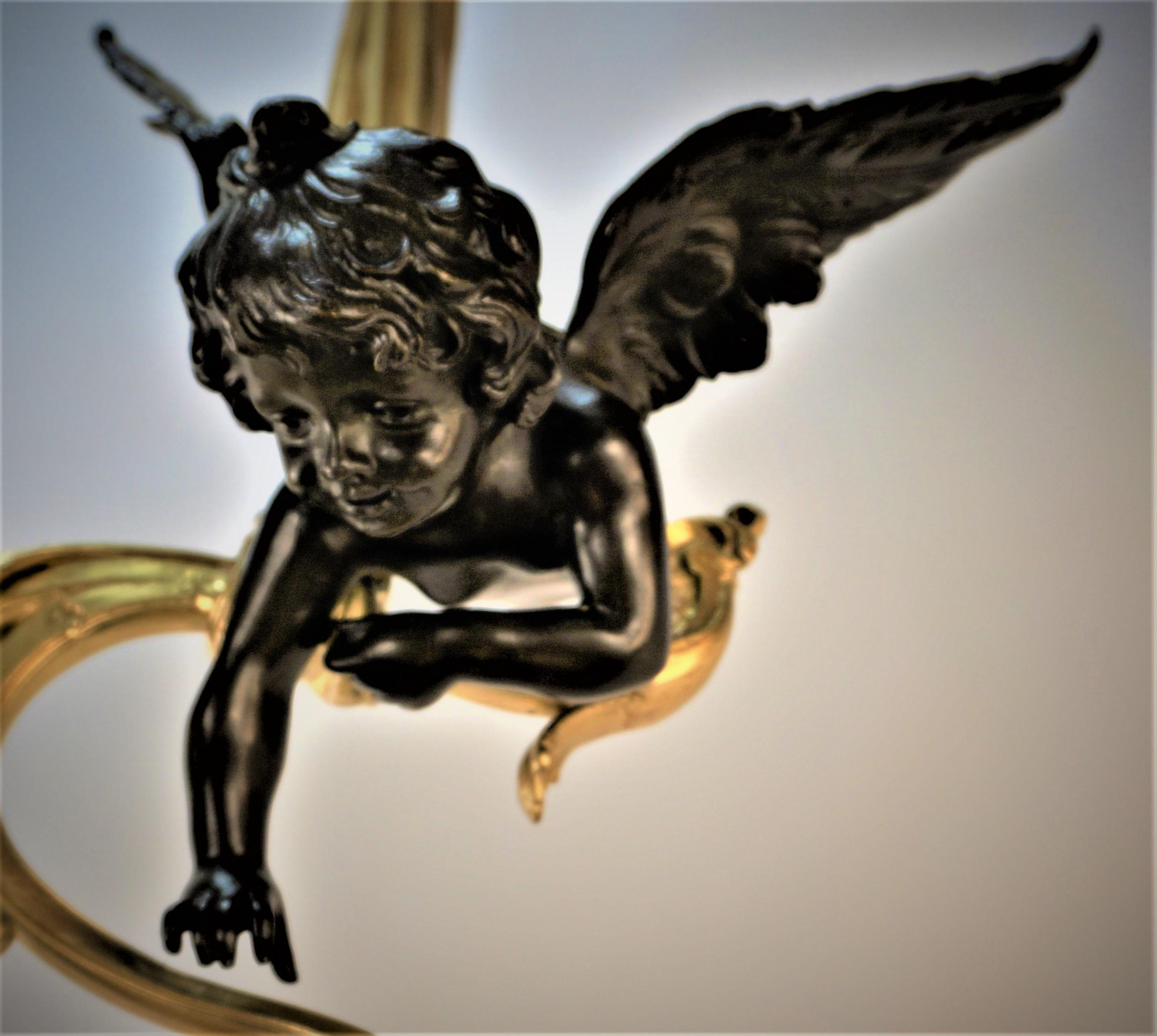 Early 20th Century French Gilt and Patinated Bronze Hand Blown Glass Cherub Chandelier