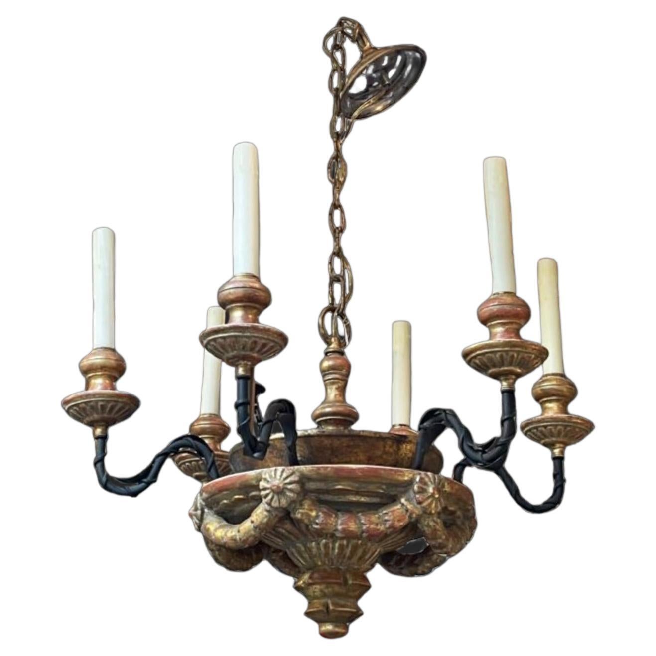 French Gilt and Red Painted Chandelier For Sale