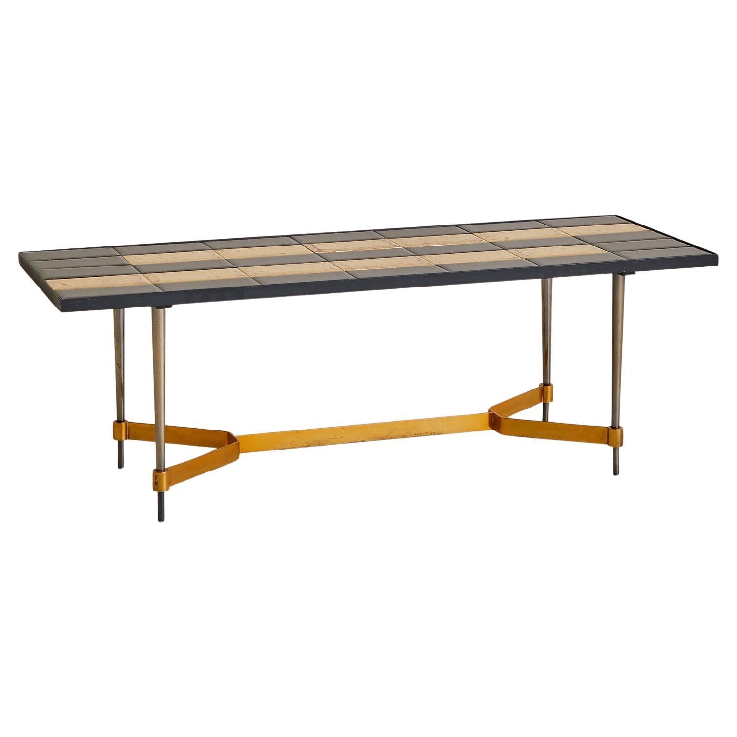 French Gilt + Black Tile-Top Coffee Table with Metal Base, 1970s en vente