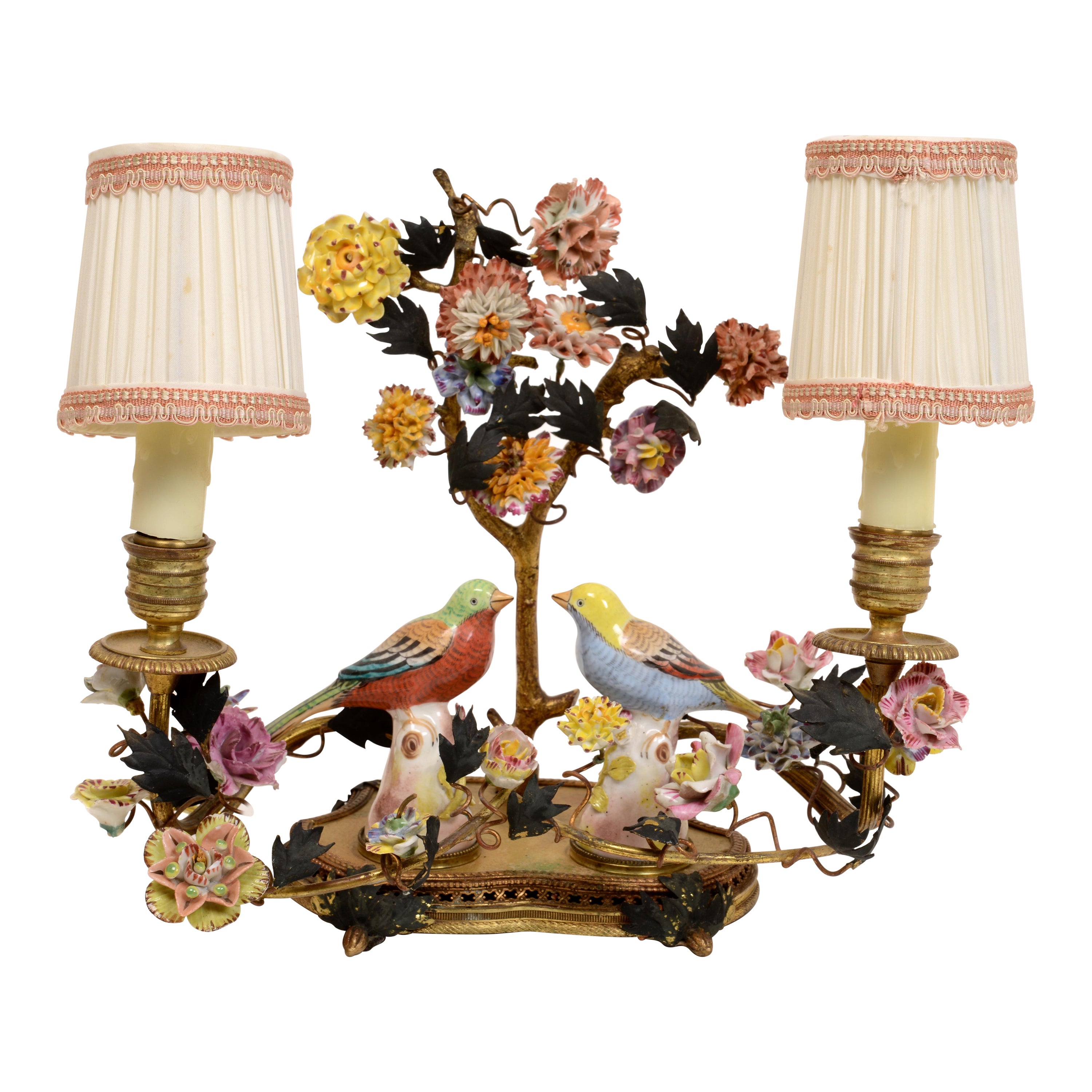 French Gilt Brass and Porcelain Boudoir Lamp c1920