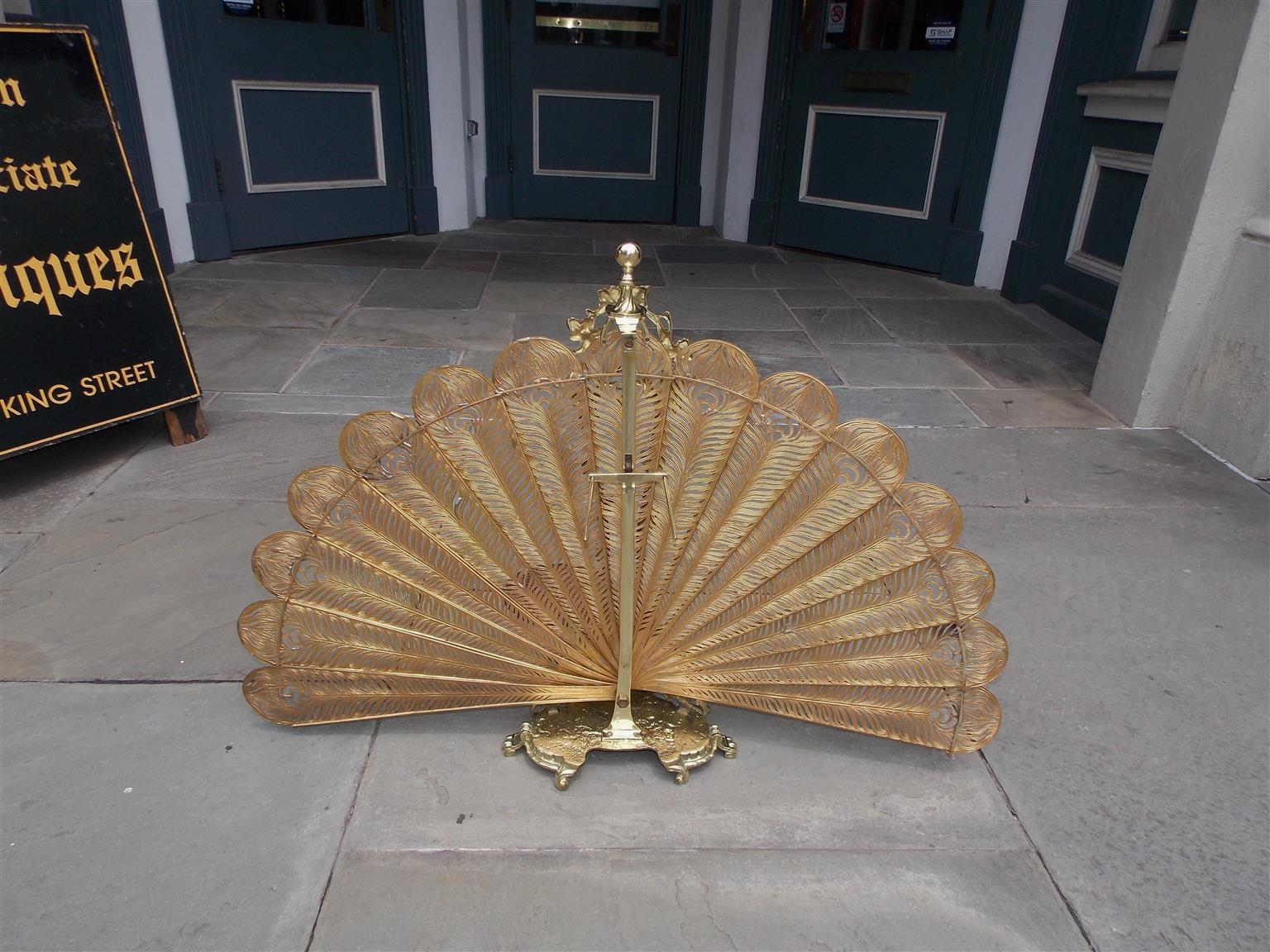 Louis Philippe French Peacock Gilt Brass & Vine Pierced Feather Fire Place Fan Screen, C. 1830