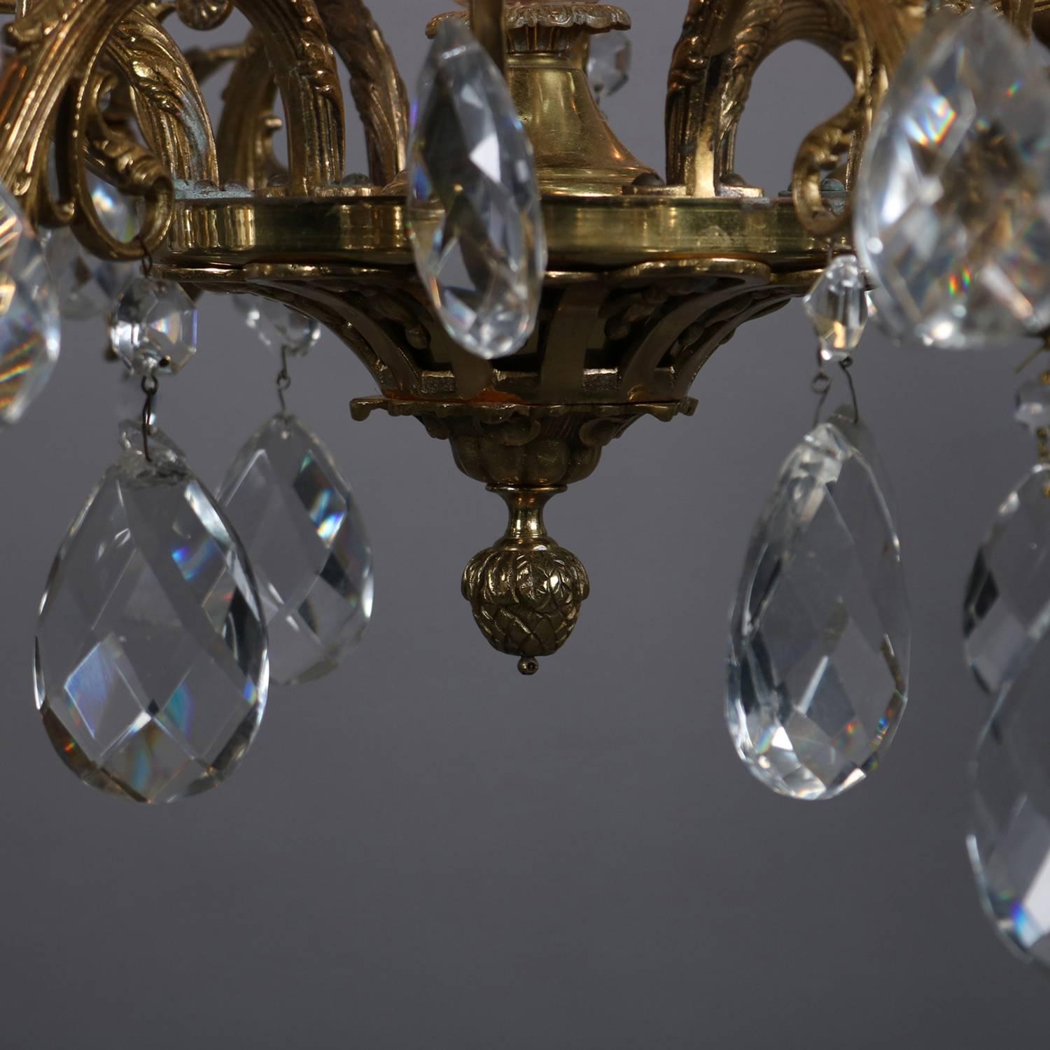 French Gilt Bronze & Crystal Scrolled Foliate Form Six-Arm Chandelier circa 1930 In Good Condition In Big Flats, NY