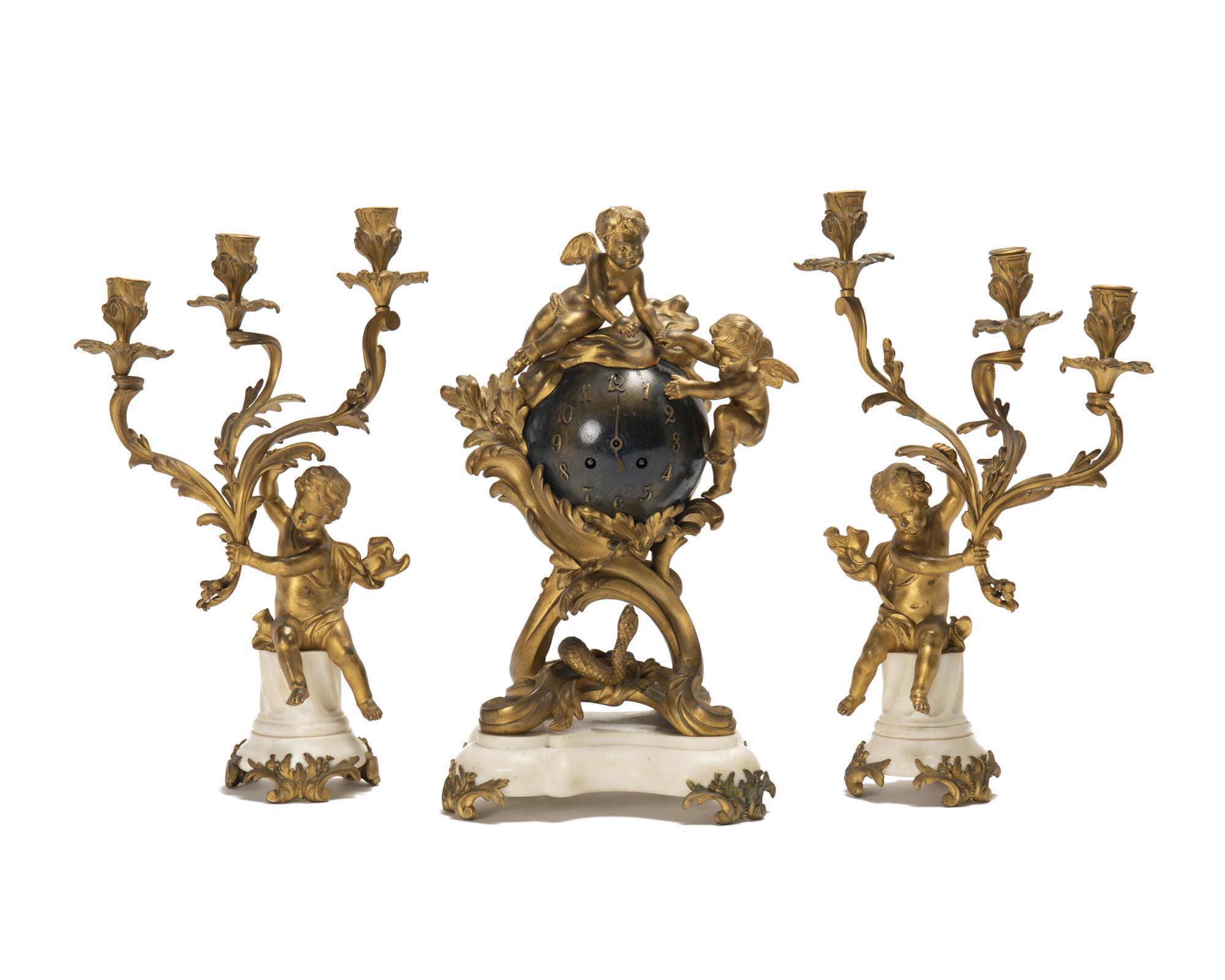 Louis XV French Gilt-Bronze 3 Piece Orbital Clock Garniture, with Cherubs