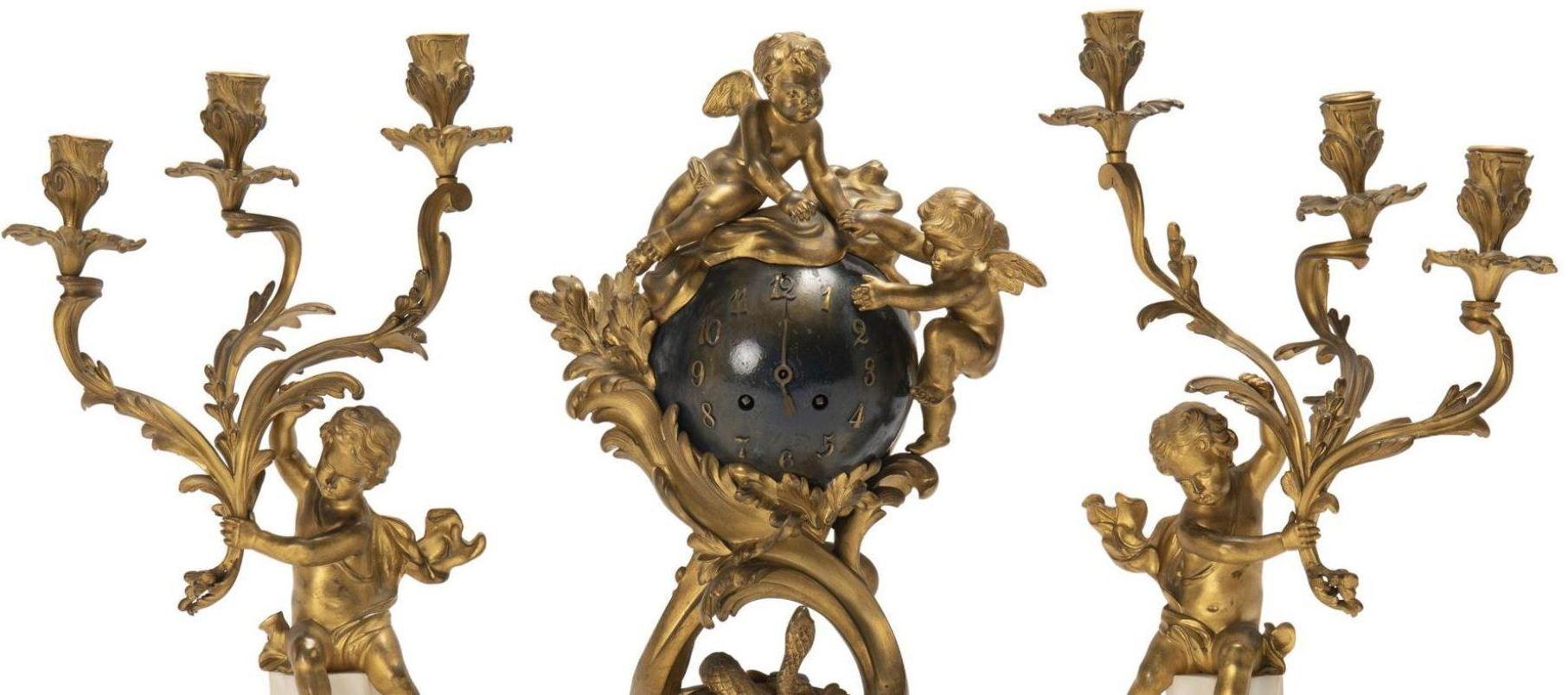 Hand-Carved French Gilt-Bronze 3 Piece Orbital Clock Garniture, with Cherubs