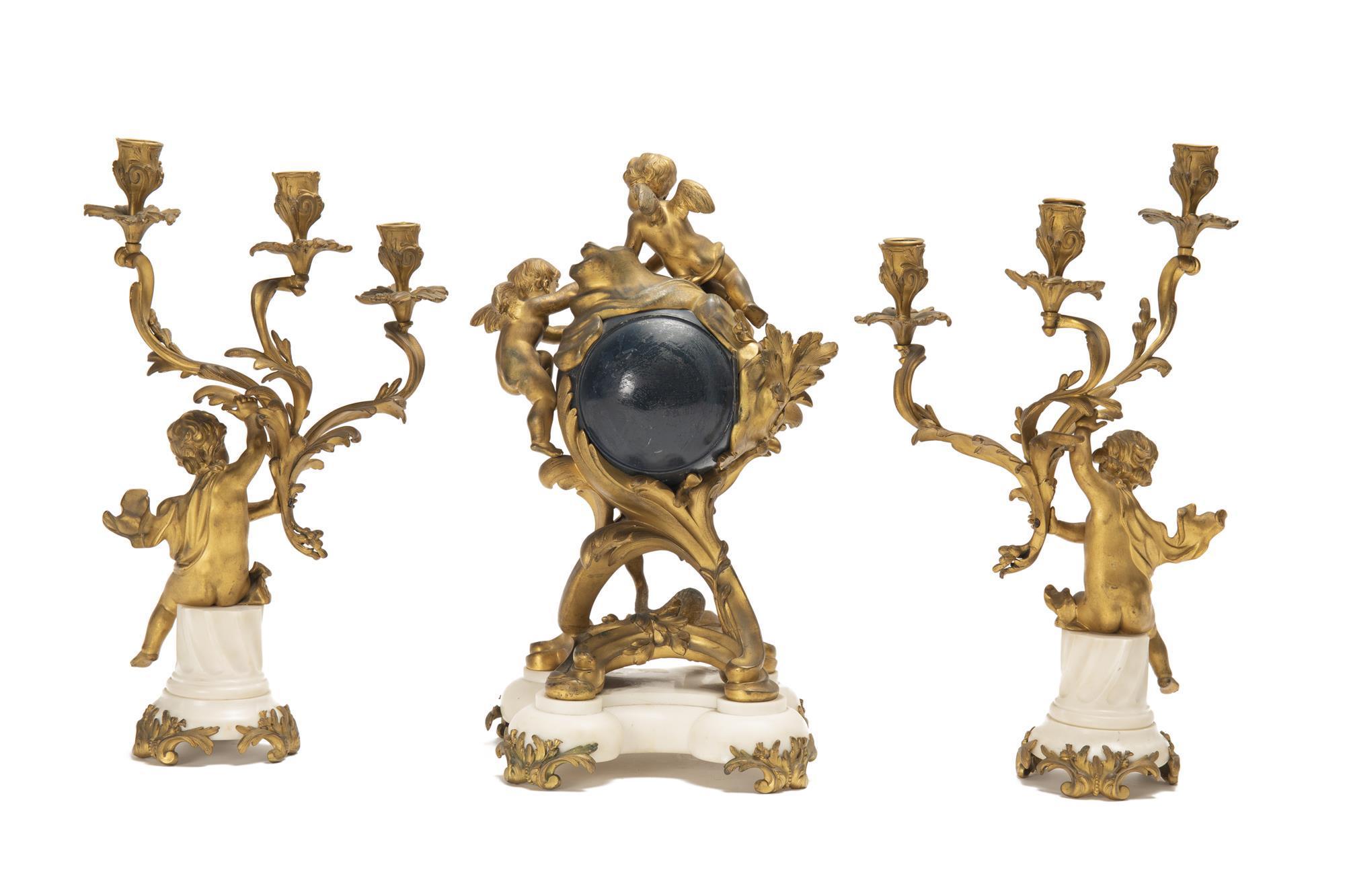 French Gilt-Bronze 3 Piece Orbital Clock Garniture, with Cherubs 2