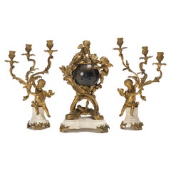 French Gilt-Bronze 3 Piece Orbital Clock Garniture, with Cherubs