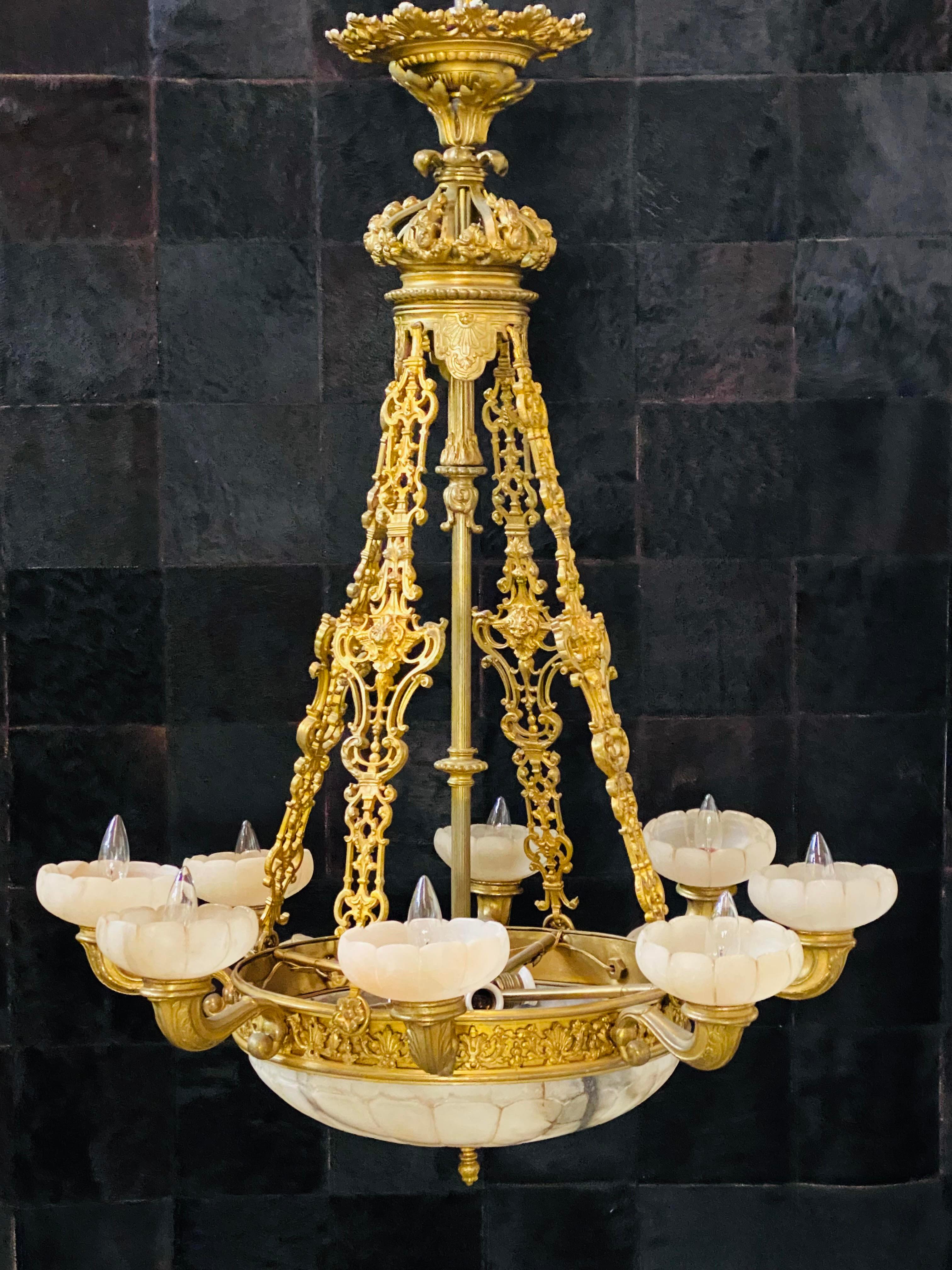 20th Century French Gilt Bronze and Alabaster Chandelier For Sale