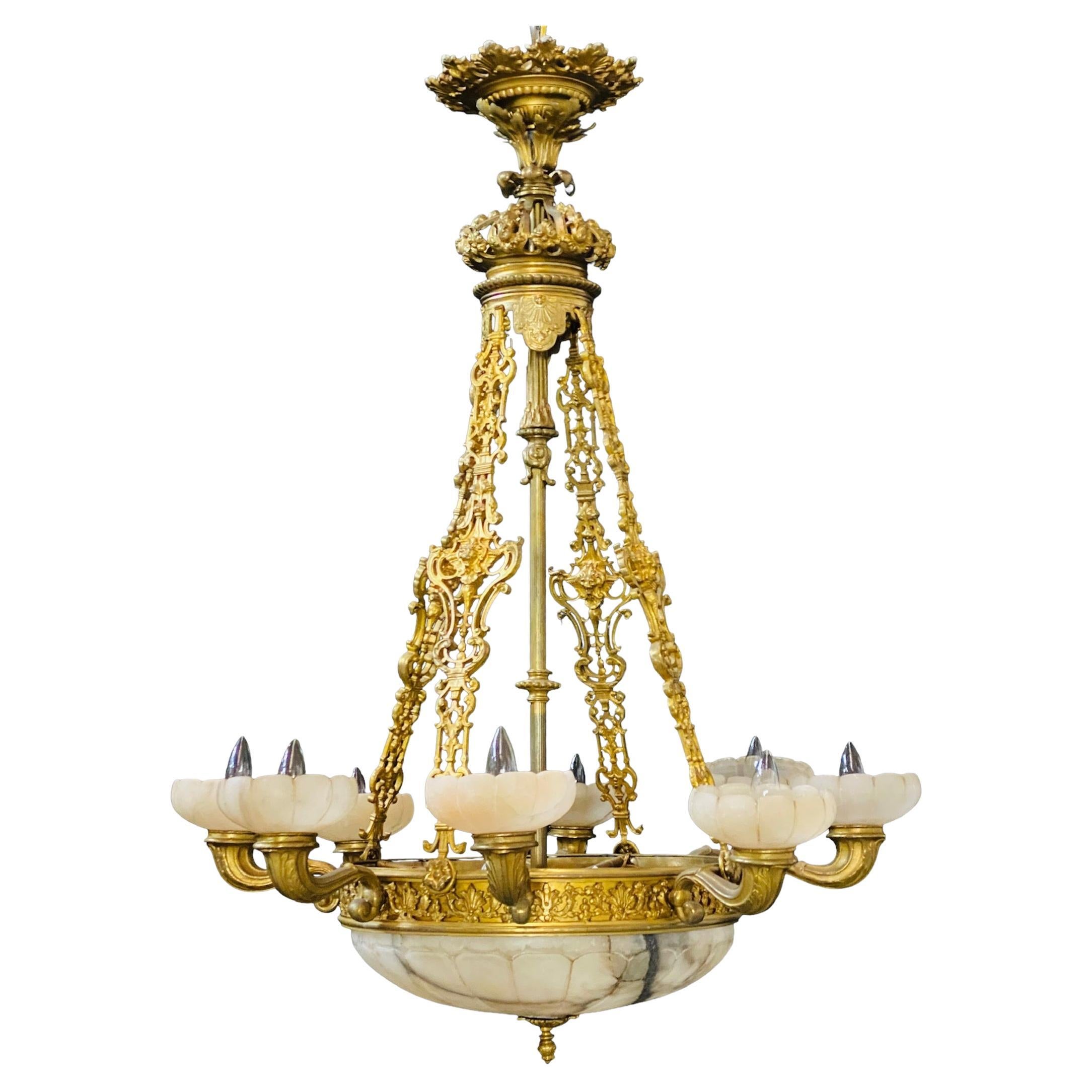 French Gilt Bronze and Alabaster Chandelier For Sale