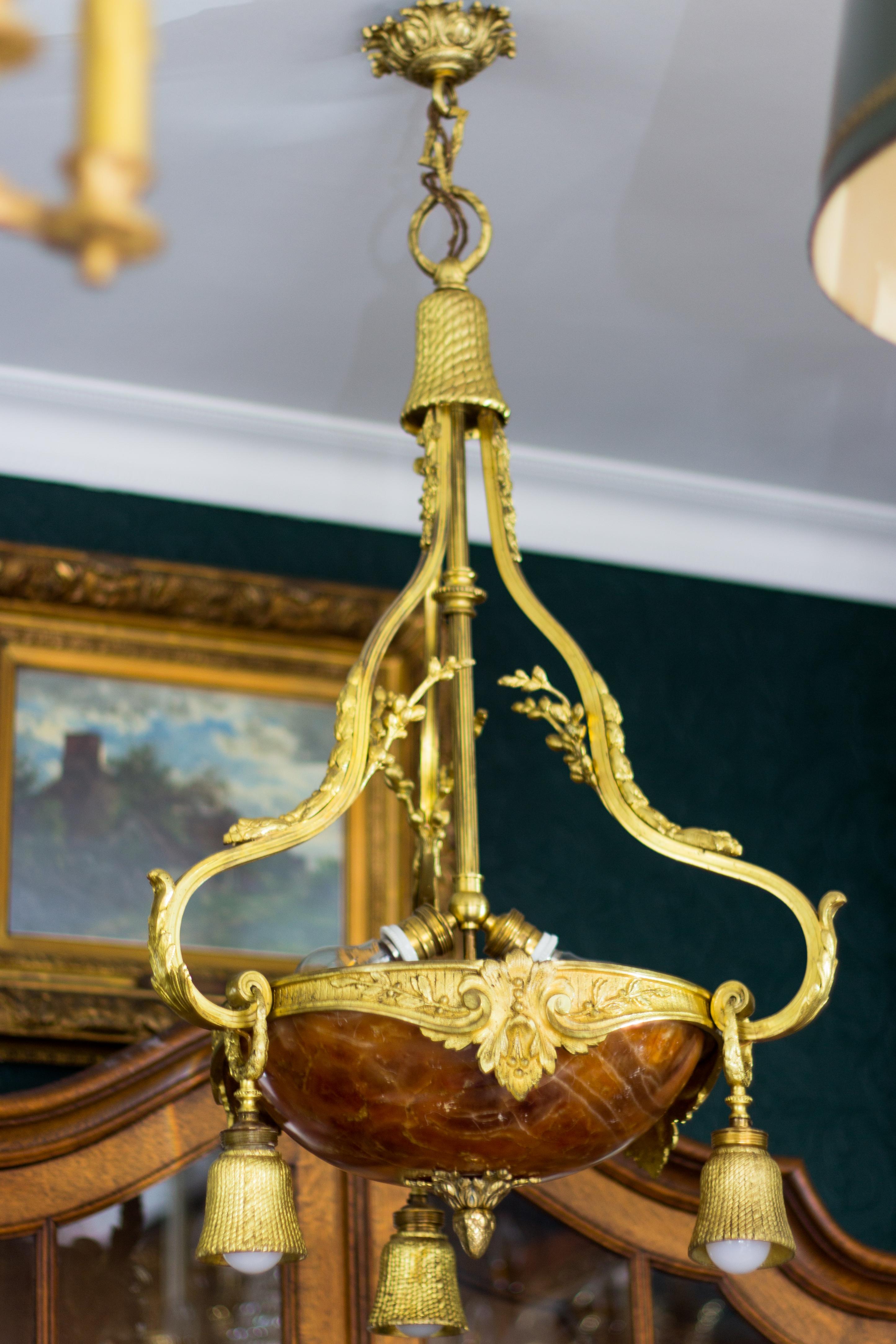 French Gilt Bronze and Alabaster Six-Light Chandelier 5